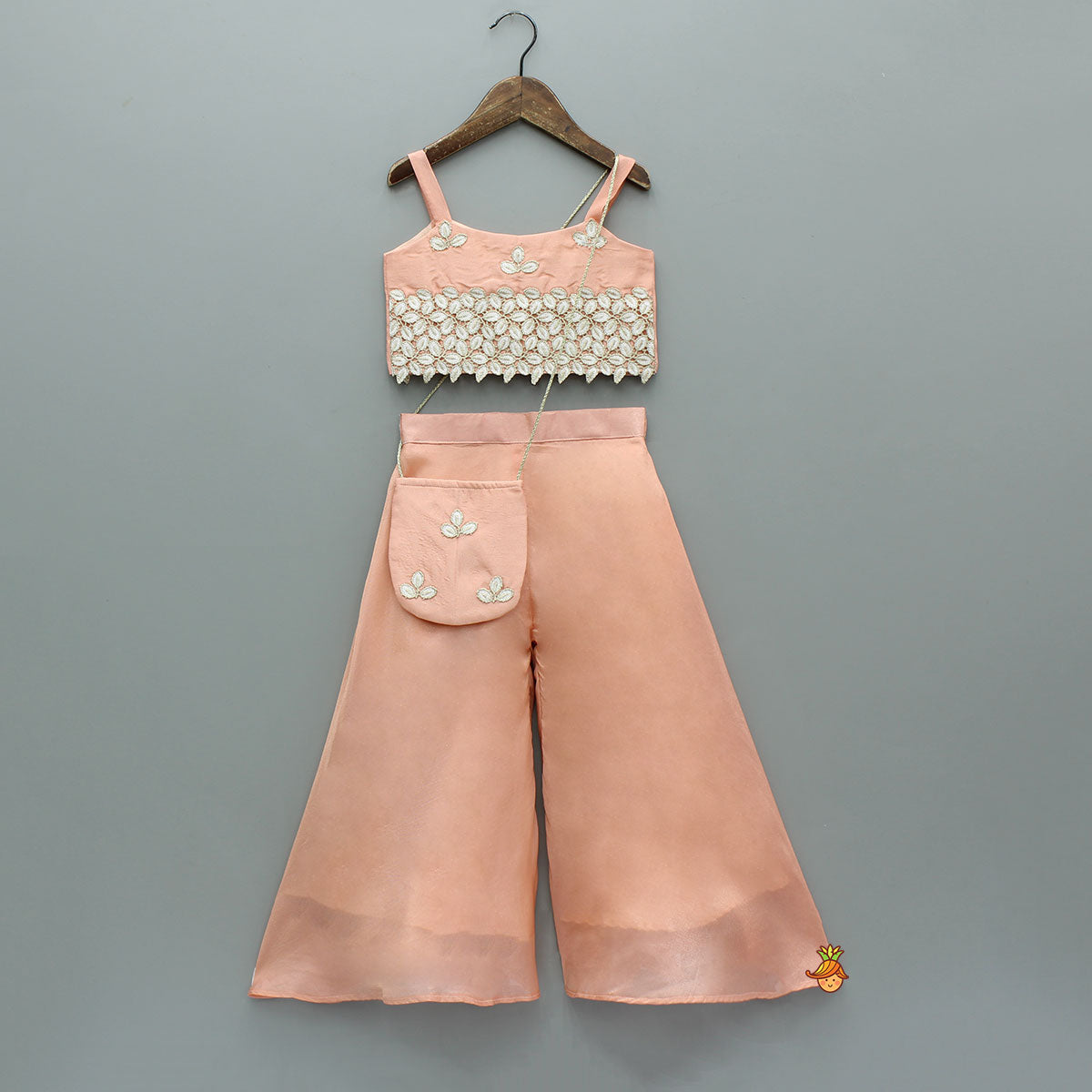 Pre Order: Shimmery Floral Detailed Top With Shimmery Palazzo And Sling Bag