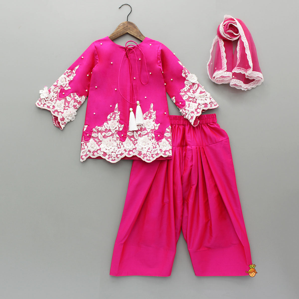 Pre Order: Floral Embroidered Applique Detailed Kurti With Farsi Salwar And Dupatta