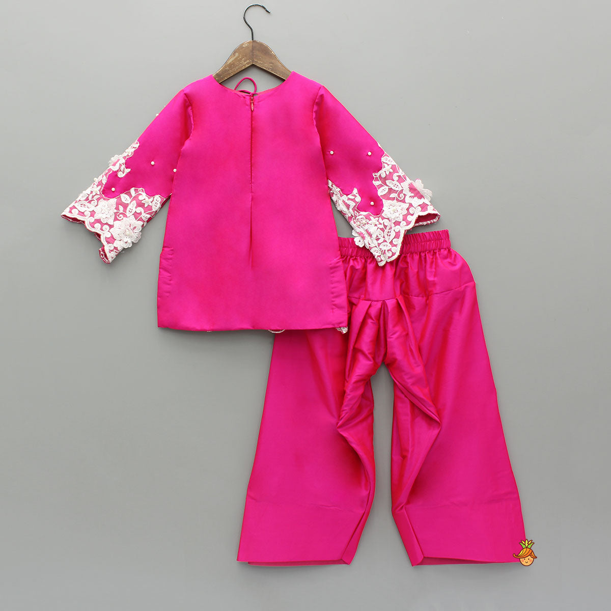 Pre Order: Floral Embroidered Applique Detailed Kurti With Farsi Salwar And Dupatta
