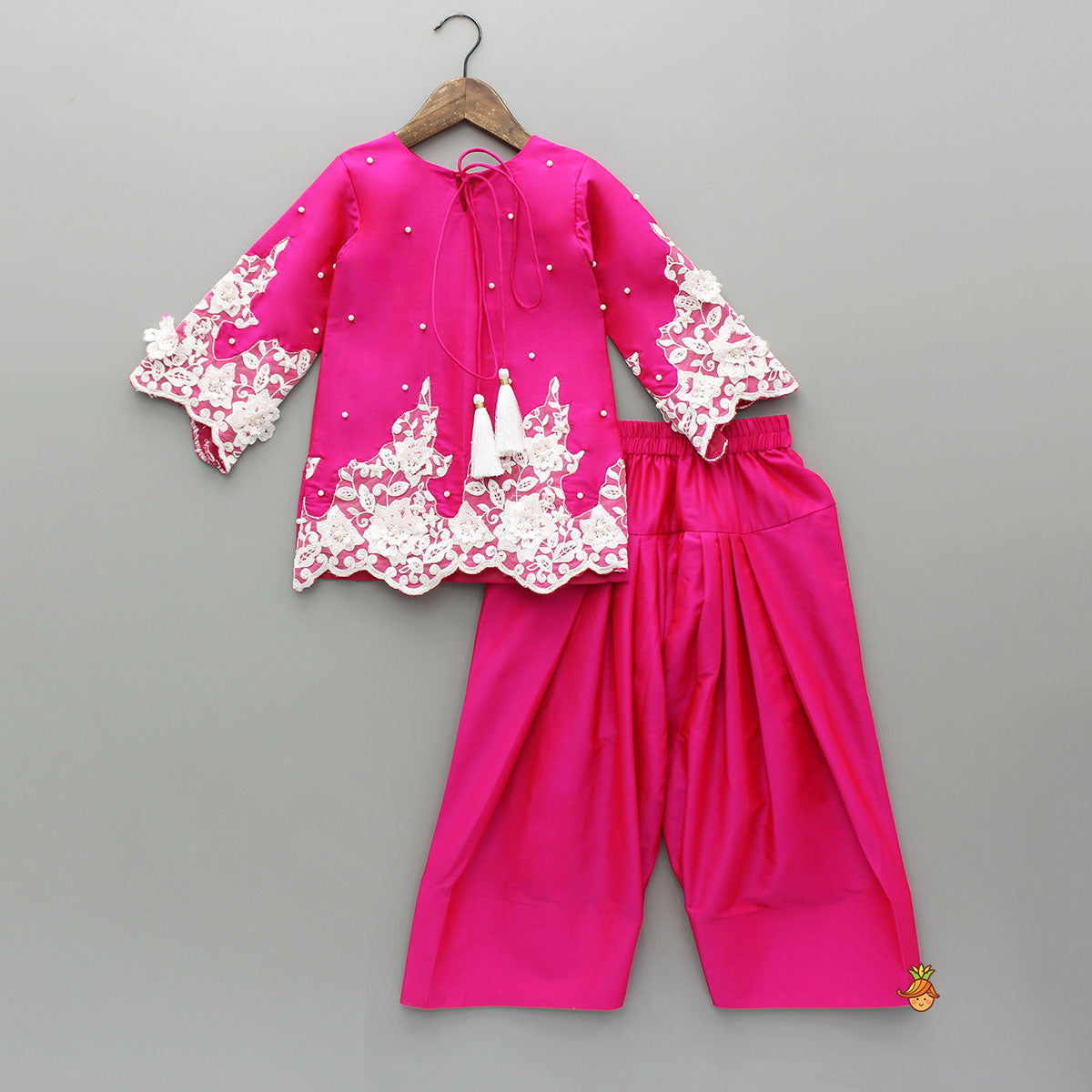 Pre Order: Floral Embroidered Applique Detailed Kurti With Farsi Salwar And Dupatta