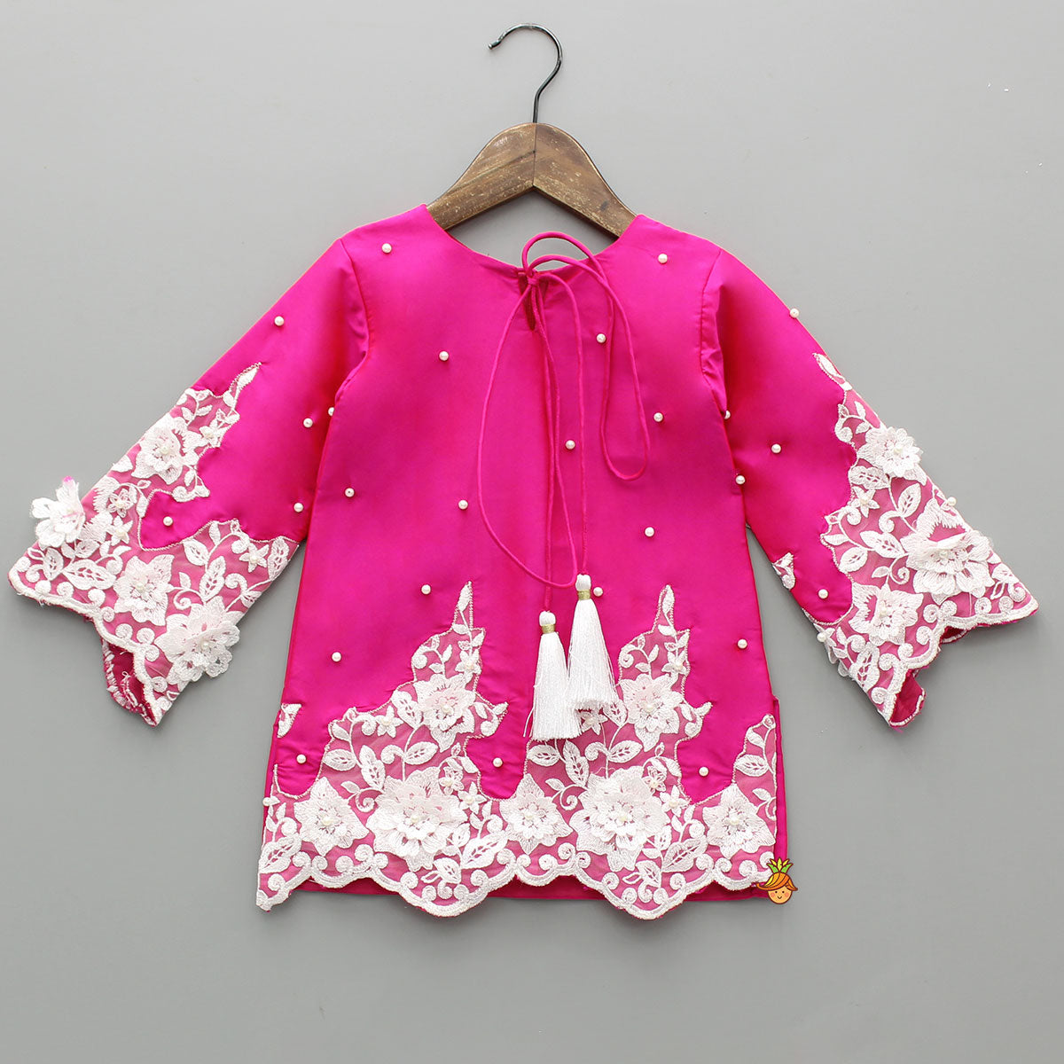 Pre Order: Floral Embroidered Applique Detailed Kurti With Farsi Salwar And Dupatta