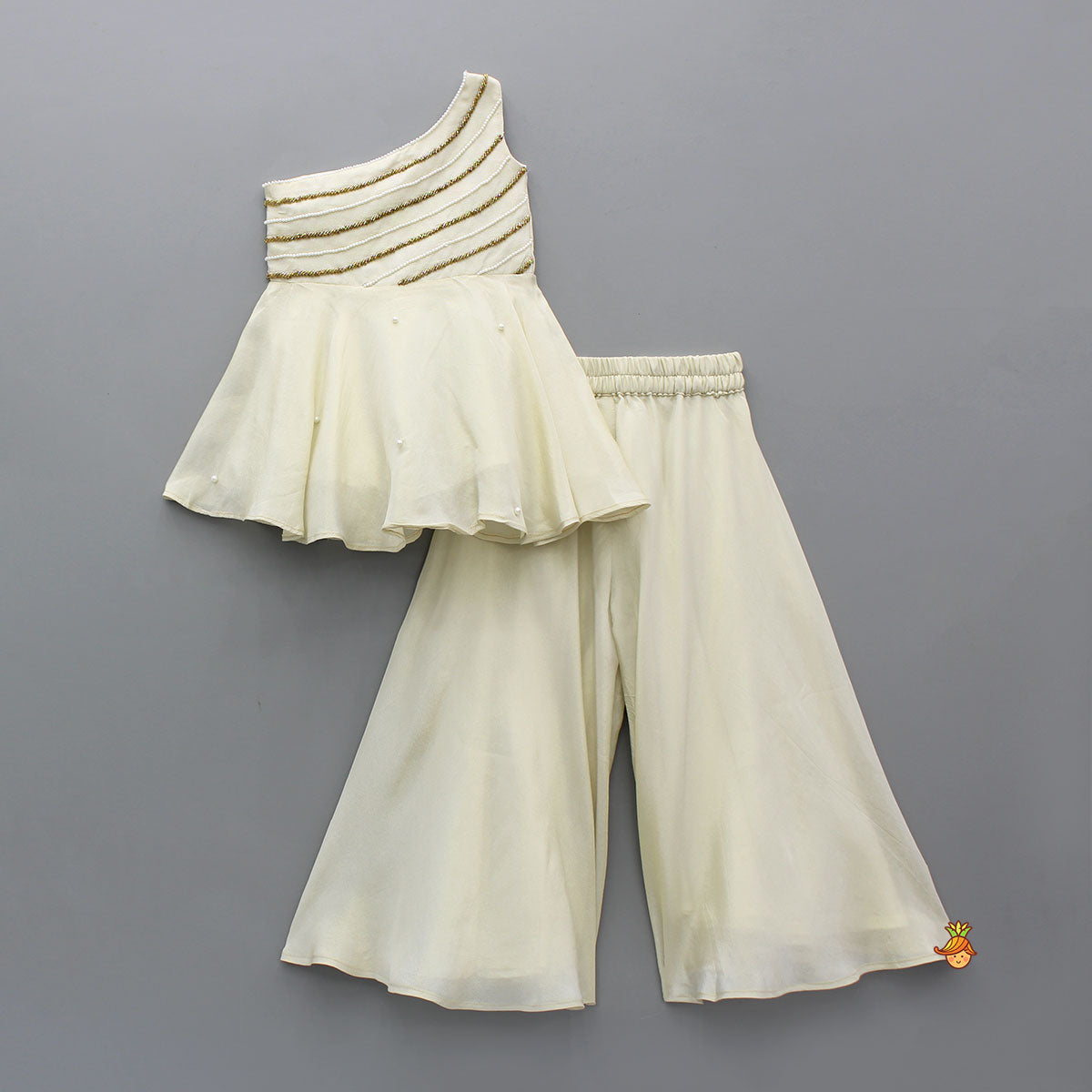 Pre Order: Shimmery One Shoulder Embroidered Top With Shimmery Palazzo