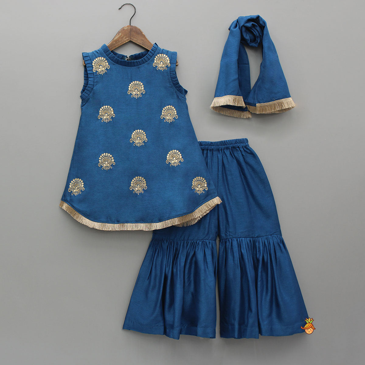 Pre Order: Blue Pleat Detailed Zari Embroidered Kurti With Sharara And Dupatta