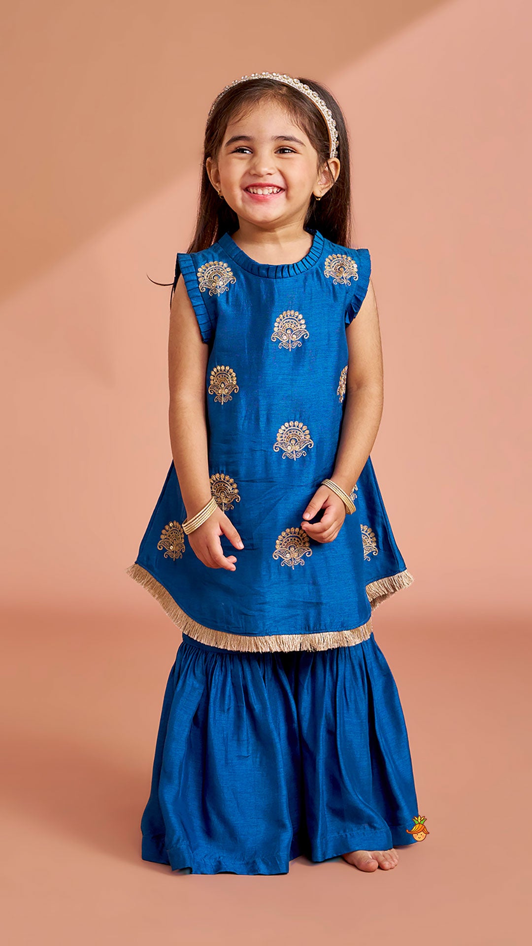 Pre Order: Pleat Detailed Zari Embroidered Kurti With Sharara And Dupatta