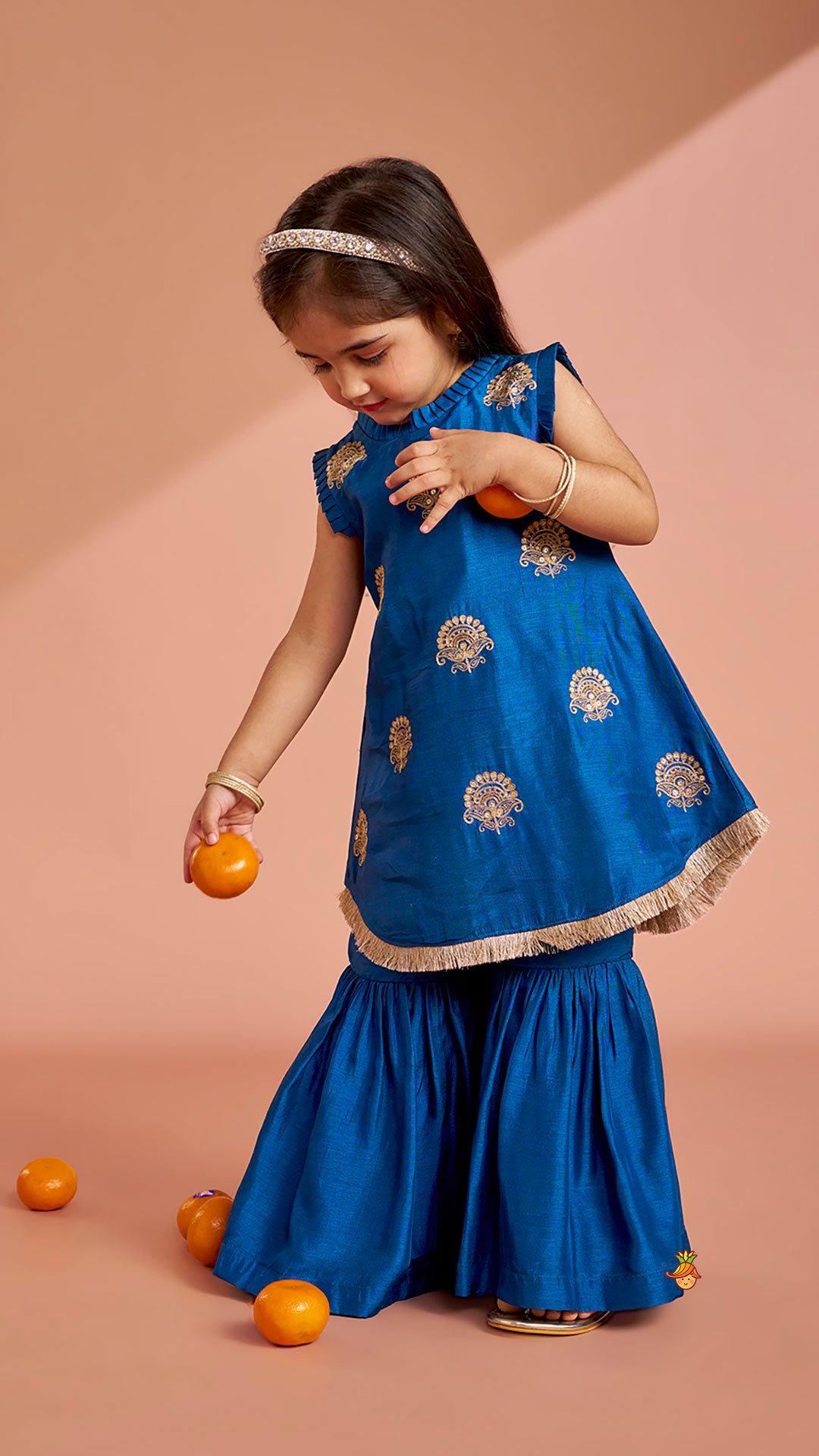 Pre Order: Pleat Detailed Zari Embroidered Kurti With Sharara And Dupatta