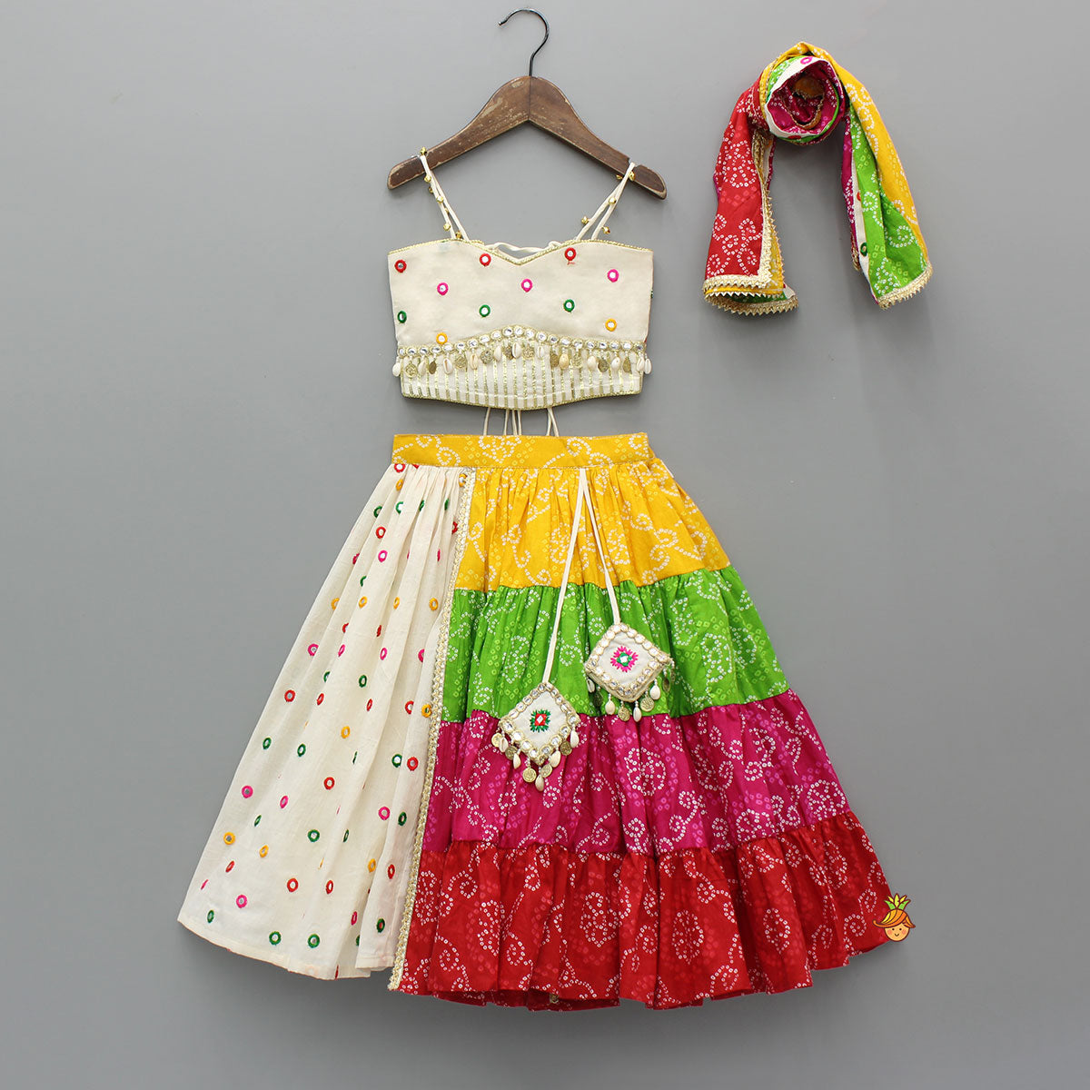Pre Order: Exquisite Strappy Embellished Top With Multicolour Bandhani Printed Lehenga And Dupatta