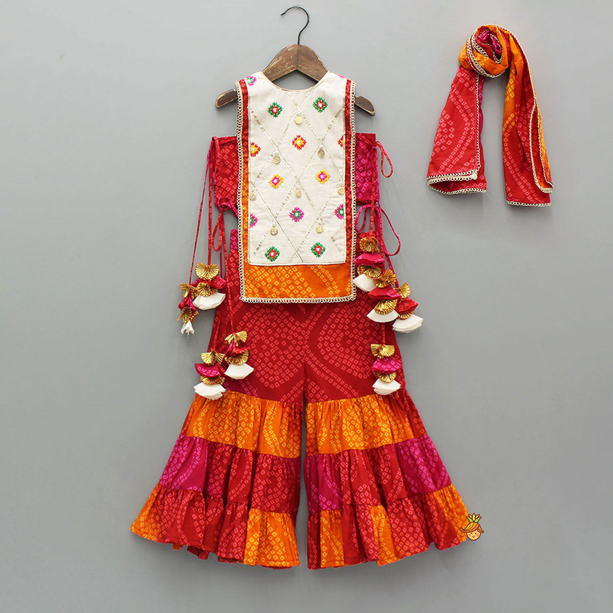 Pre Order: Stunning Bandhani Printed Embellished Top With Sharara And Dupatta