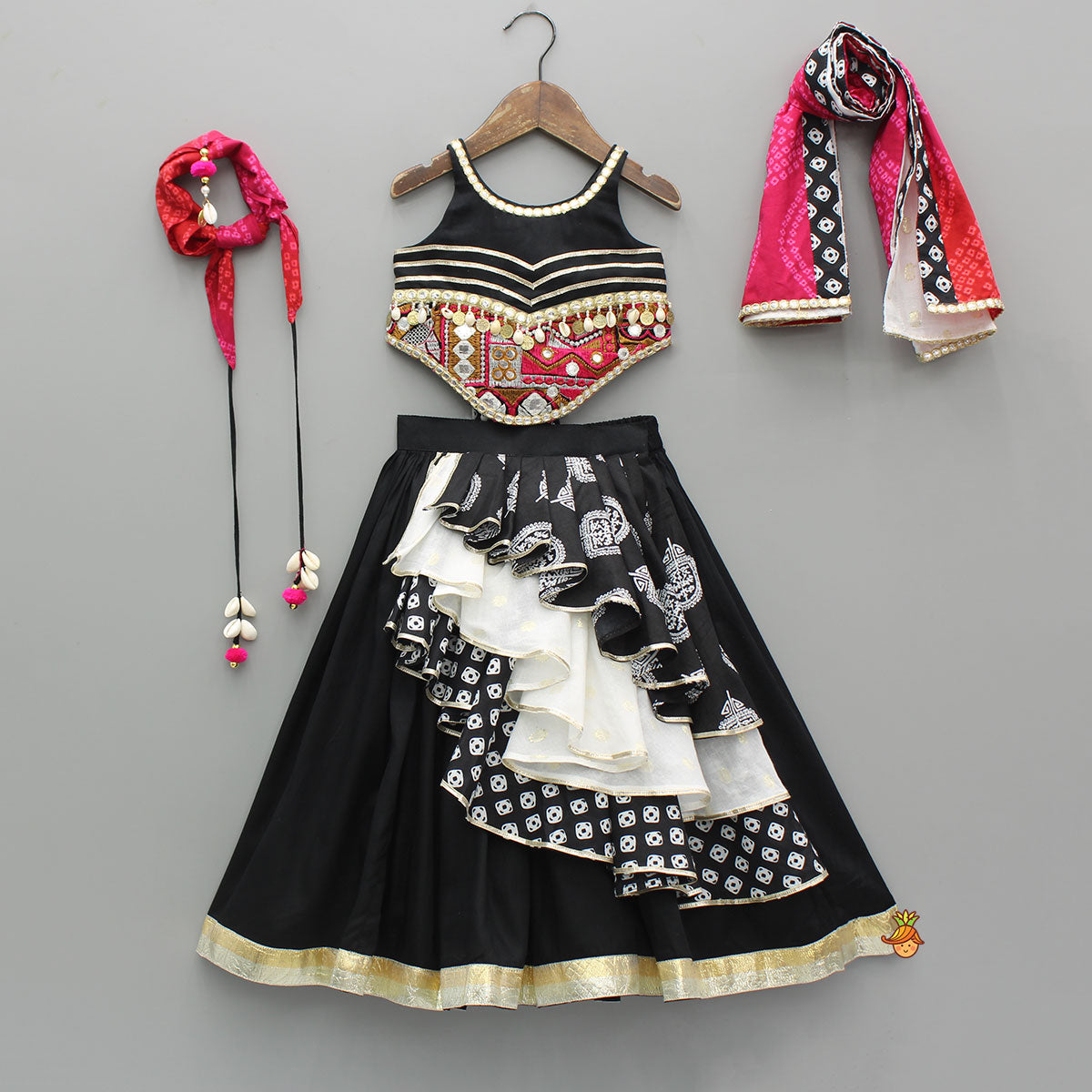 Pre Order: Black Embellished Faux Mirror Embroidered Top With Tiered Lehenga And Dupatta With Bandana