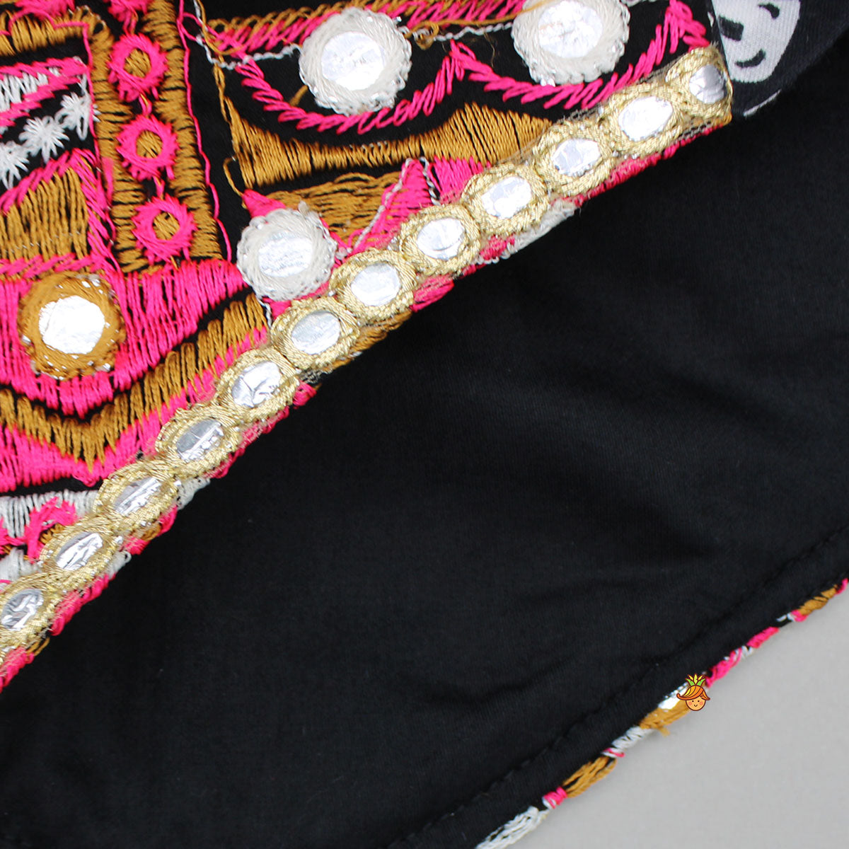 Pre Order: Black Embellished Faux Mirror Embroidered Top With Tiered Lehenga And Dupatta With Bandana