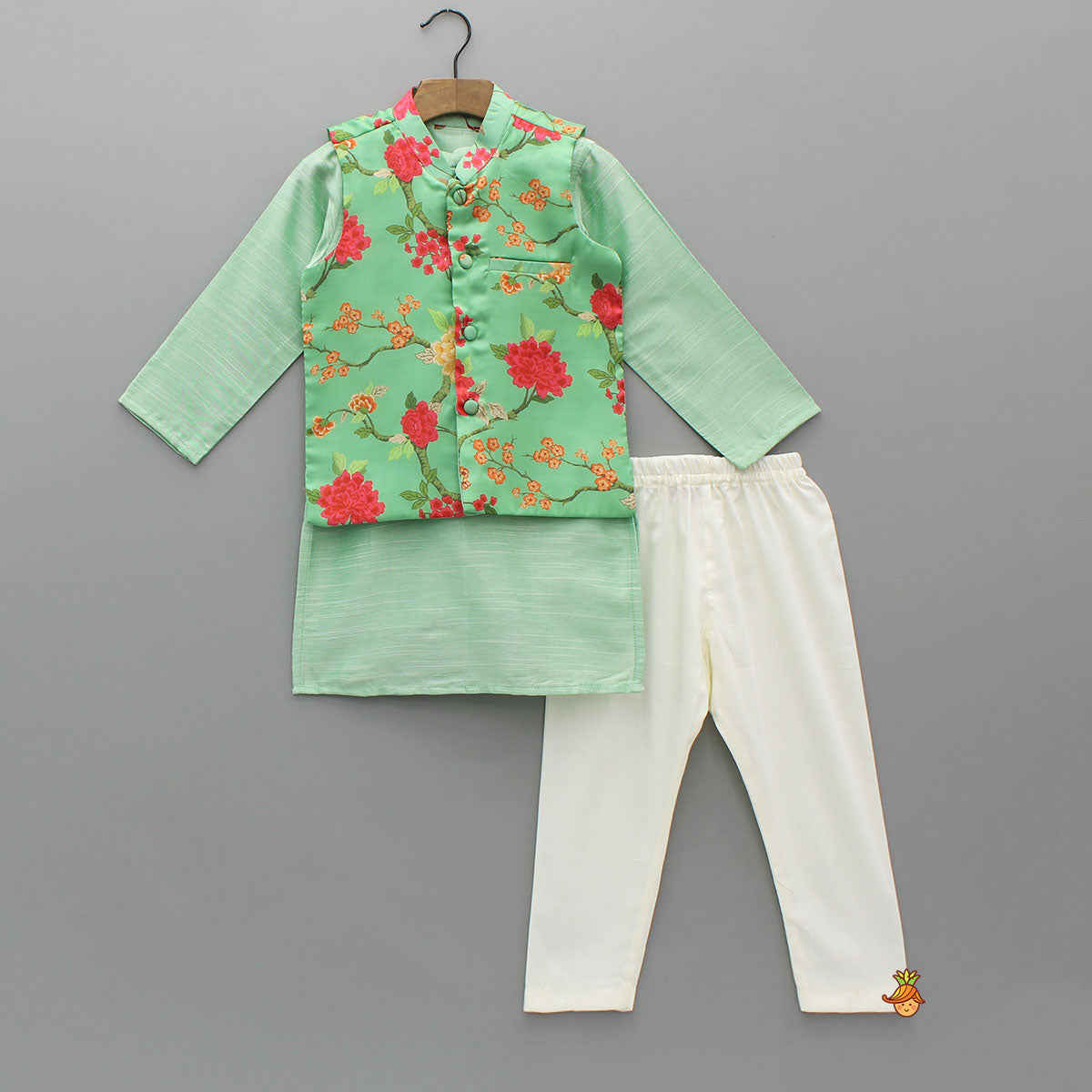 Pre Order: Green Ethnic Kurta With Floral Printed Jacket And Pyjama