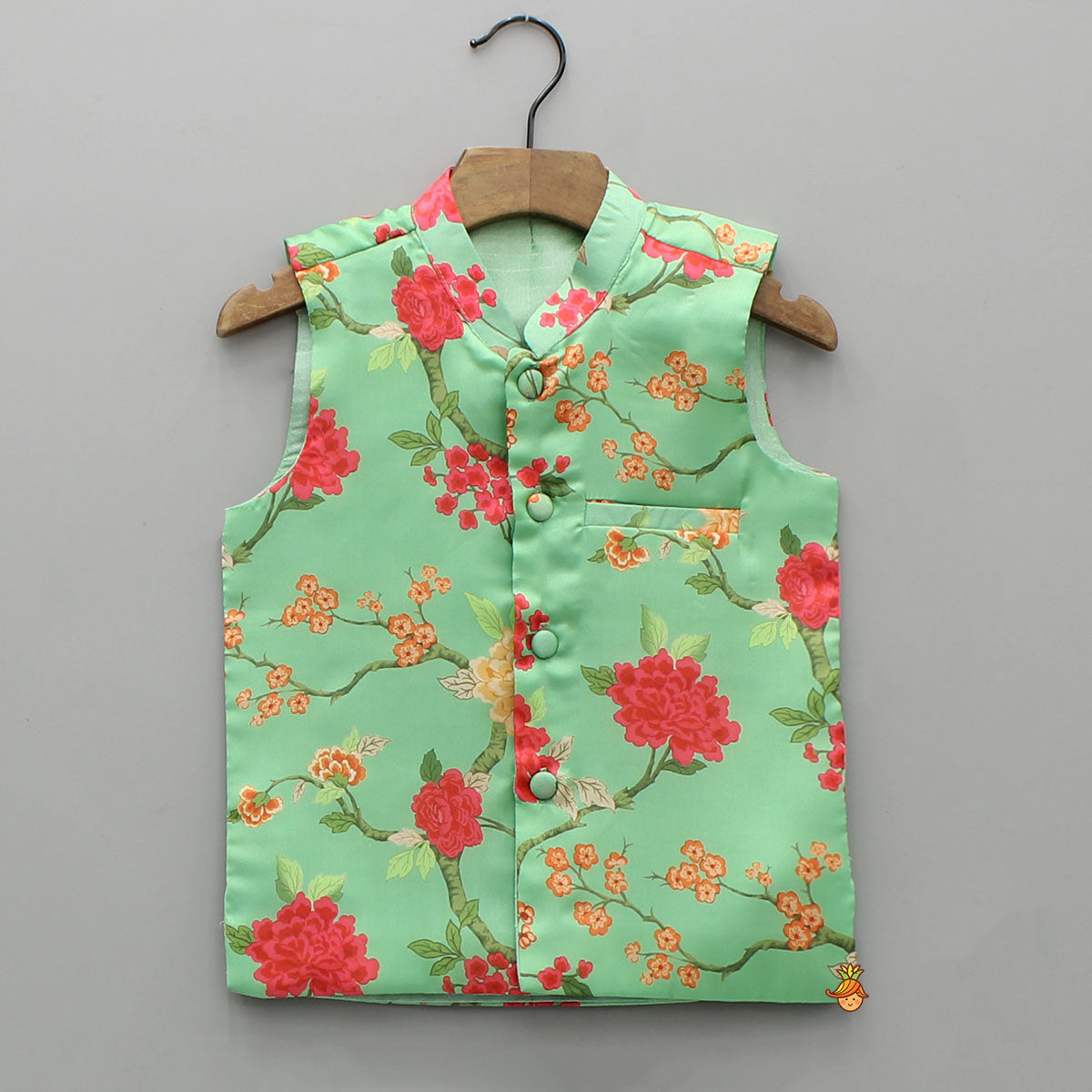Pre Order: Green Ethnic Kurta With Floral Printed Jacket And Pyjama