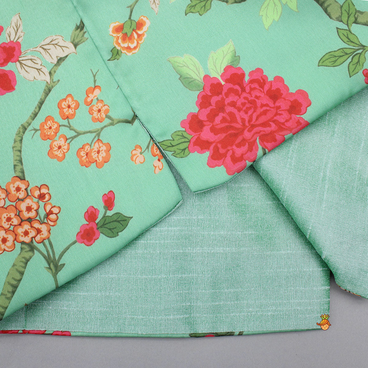 Pre Order: Green Ethnic Kurta With Floral Printed Jacket And Pyjama