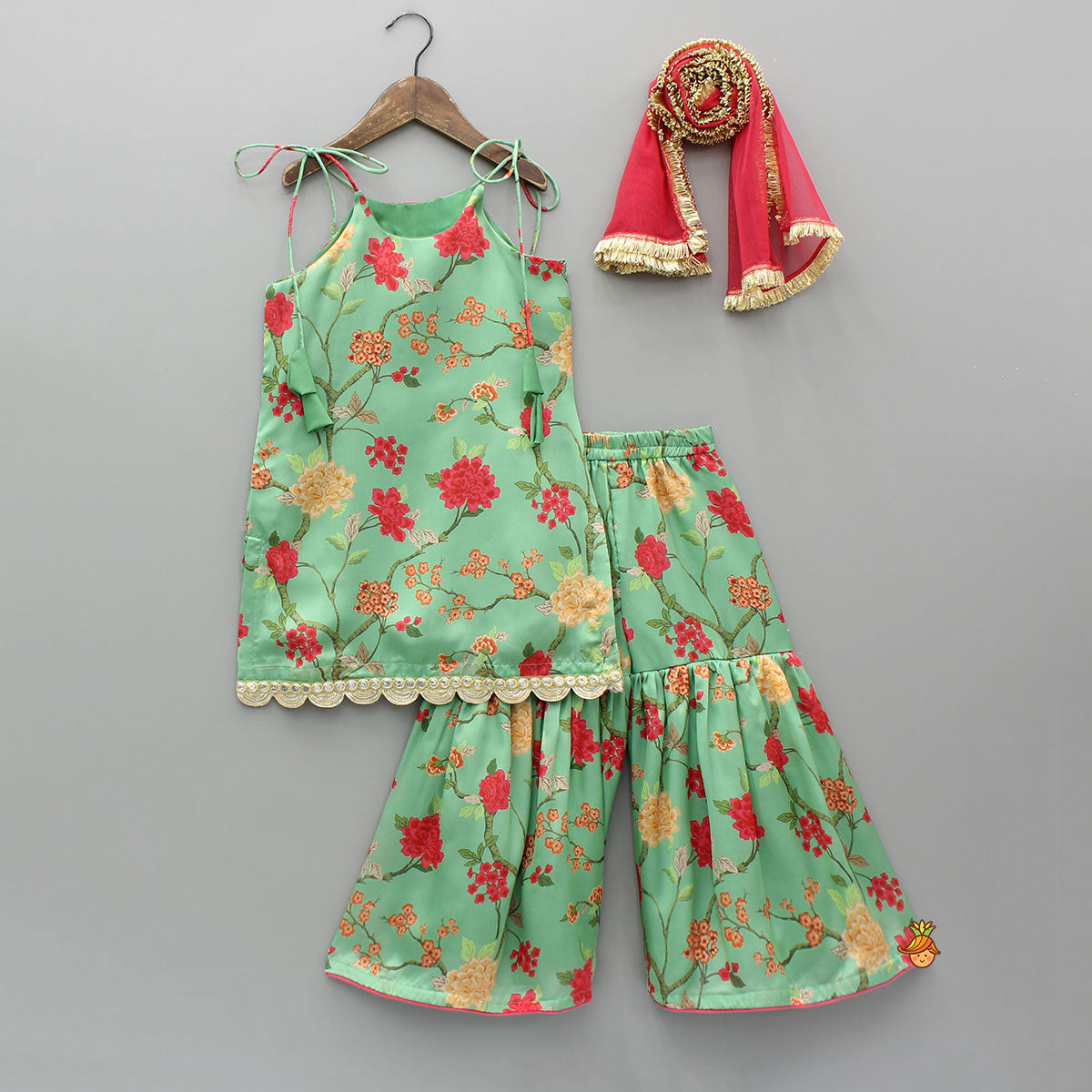 Pre Order: Floral Tie Up Kurti With Matching Sharara And Dupatta