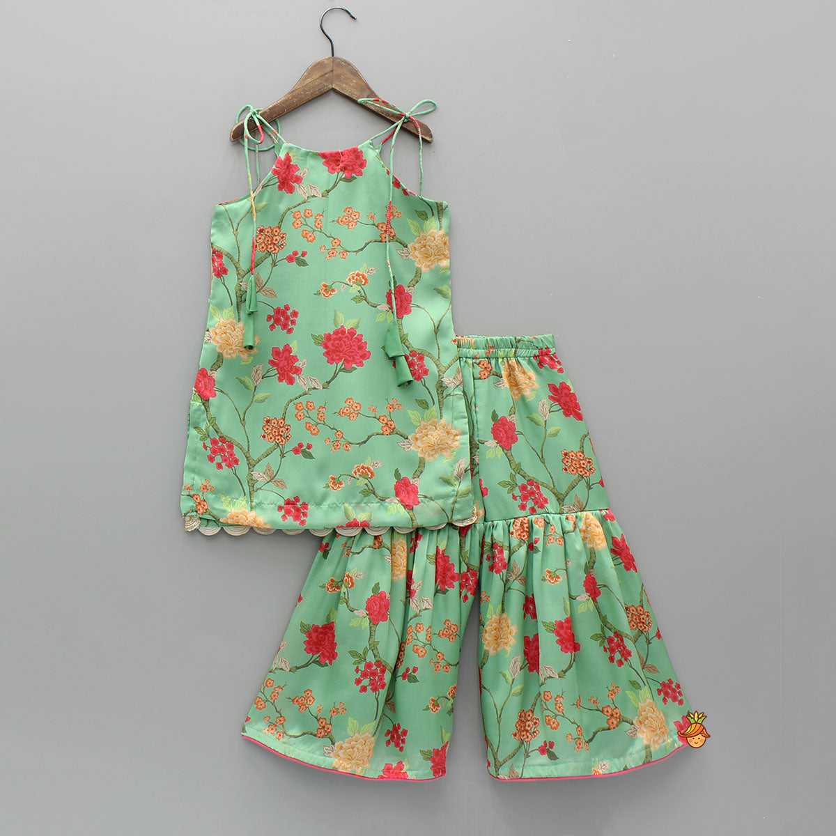 Pre Order: Floral Tie Up Kurti With Matching Sharara And Dupatta