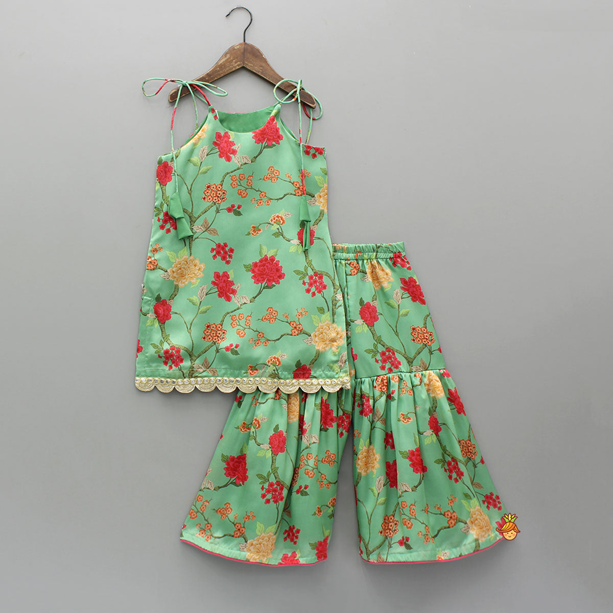 Pre Order: Floral Tie Up Kurti With Matching Sharara And Dupatta