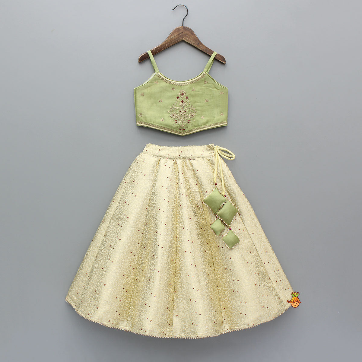 Pre Order: Strappy Green Embroidered Yoke Top And Brocade Lehenga