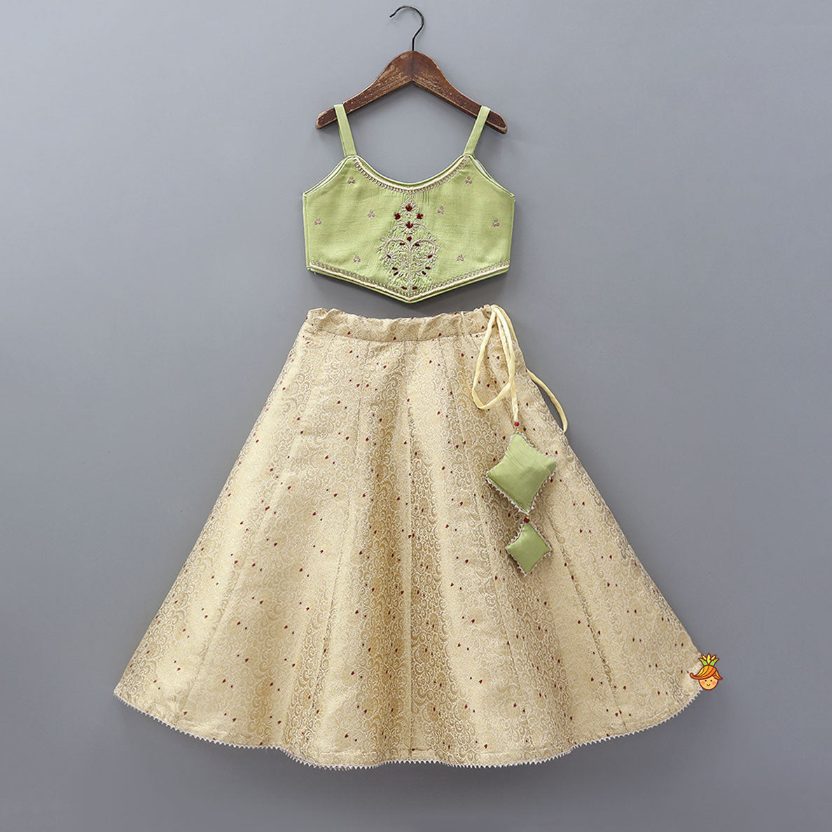 Pre Order: Strappy Green Embroidered Yoke Top And Brocade Lehenga