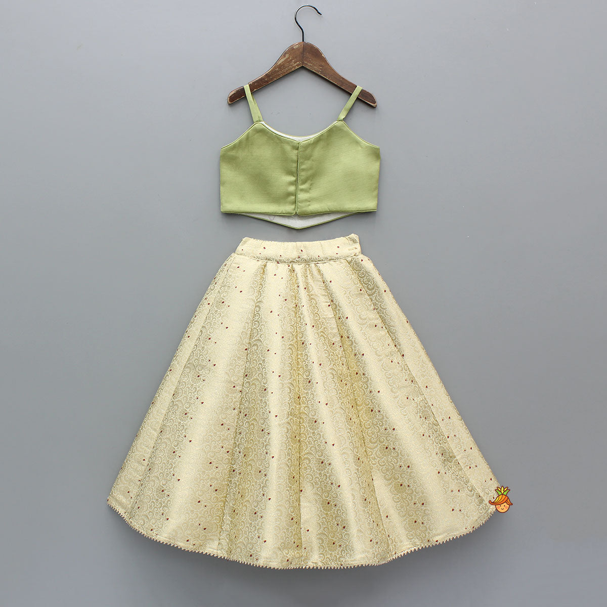 Pre Order: Strappy Green Embroidered Yoke Top And Brocade Lehenga