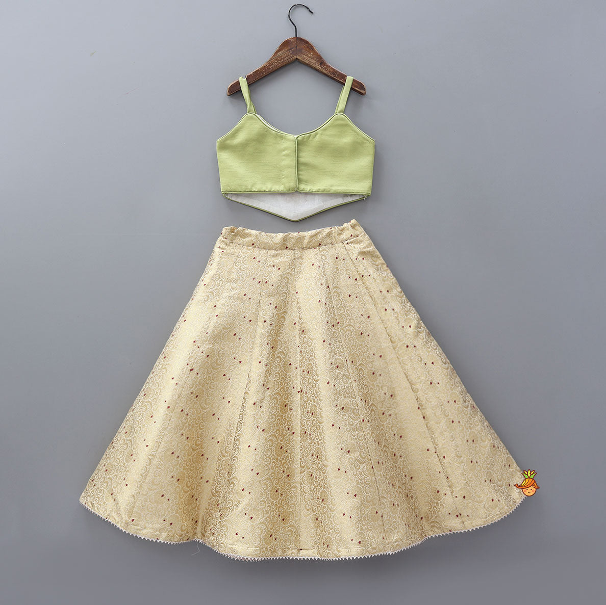 Pre Order: Strappy Green Embroidered Yoke Top And Brocade Lehenga