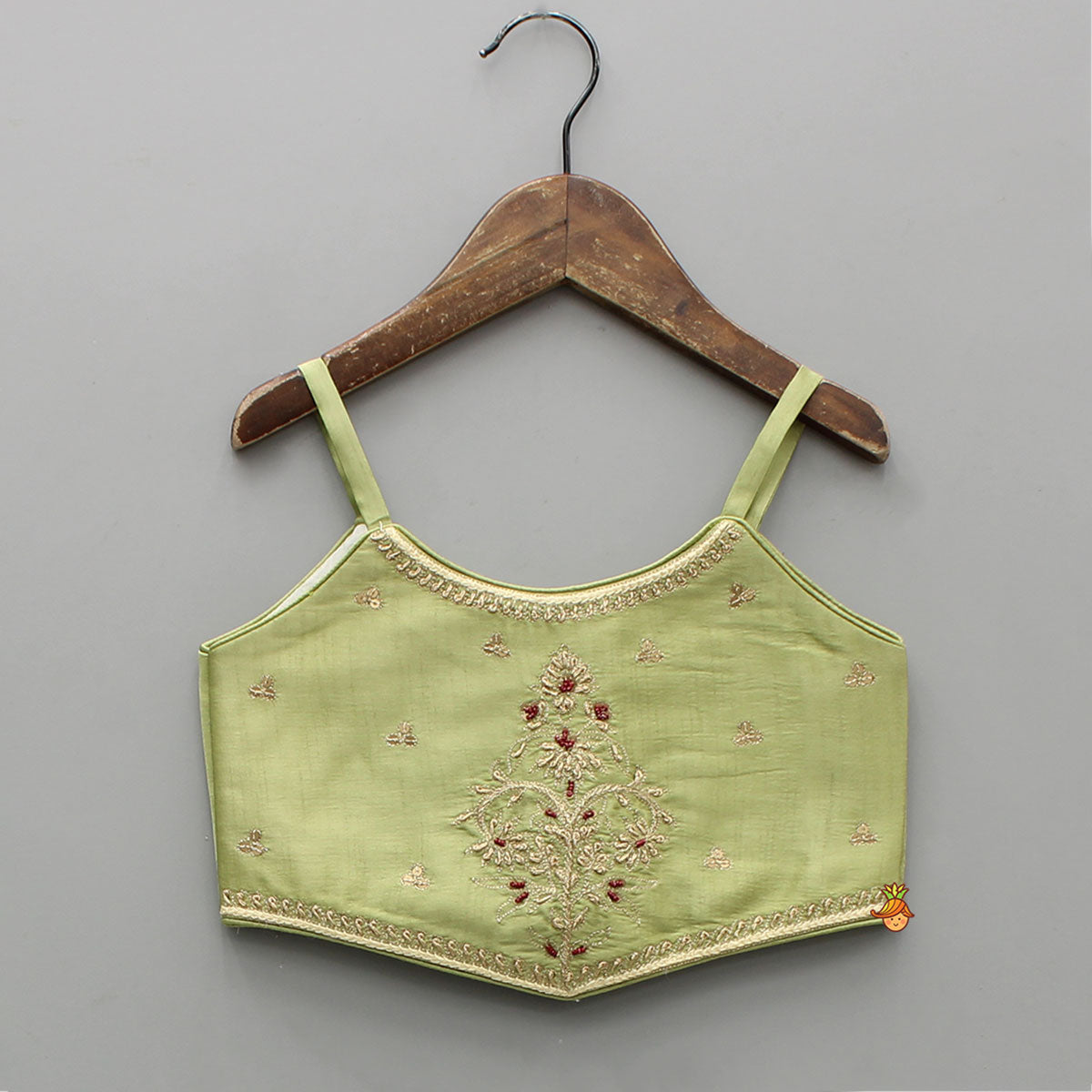 Pre Order: Strappy Green Embroidered Yoke Top And Brocade Lehenga