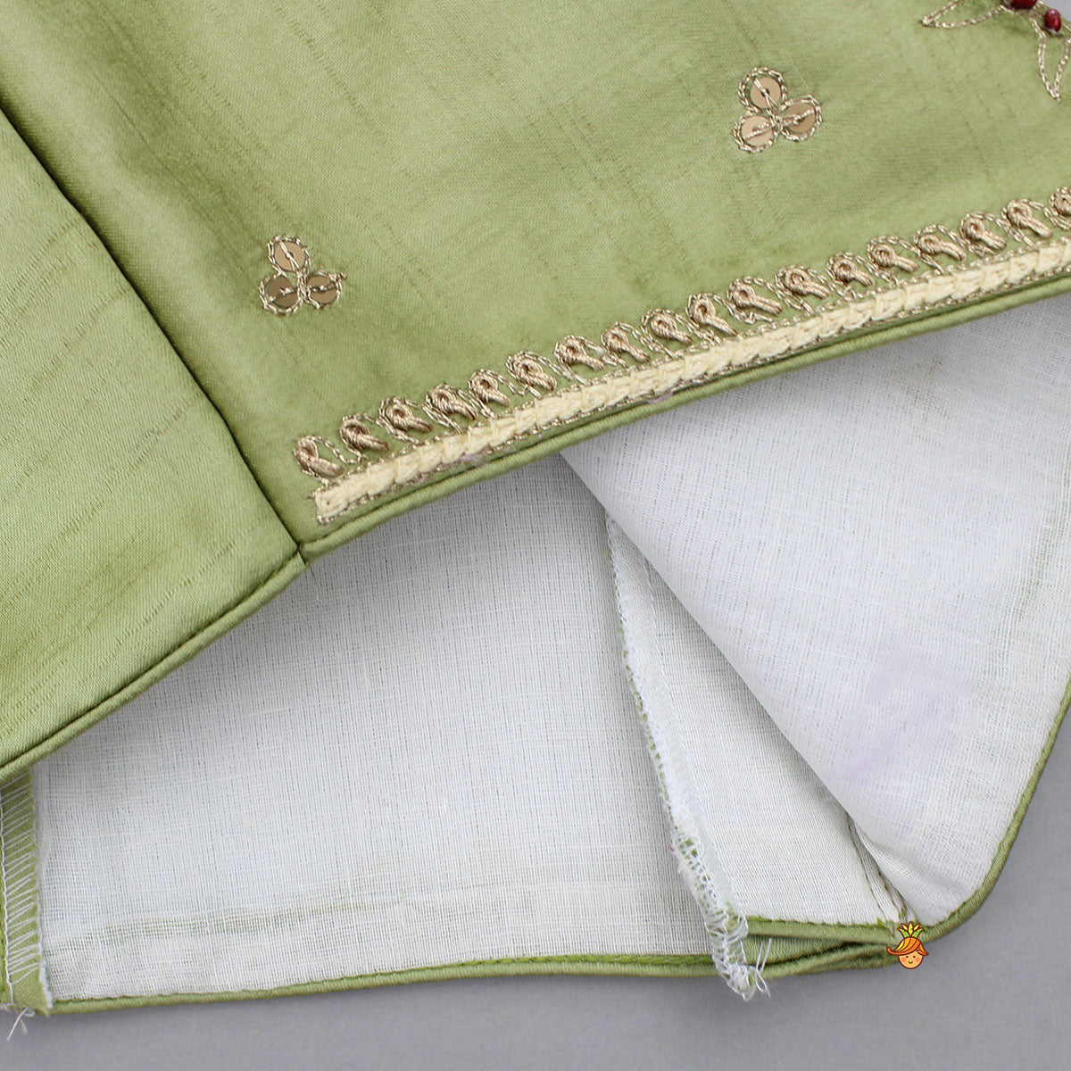 Pre Order: Strappy Green Embroidered Yoke Top And Brocade Lehenga