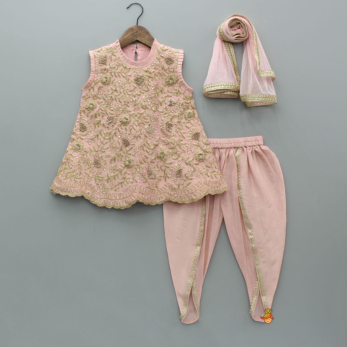 Pre Order: Stunning Shimmery Floral Embroidered Pleat Detailed Top With Shimmery Dhoti And Dupatta