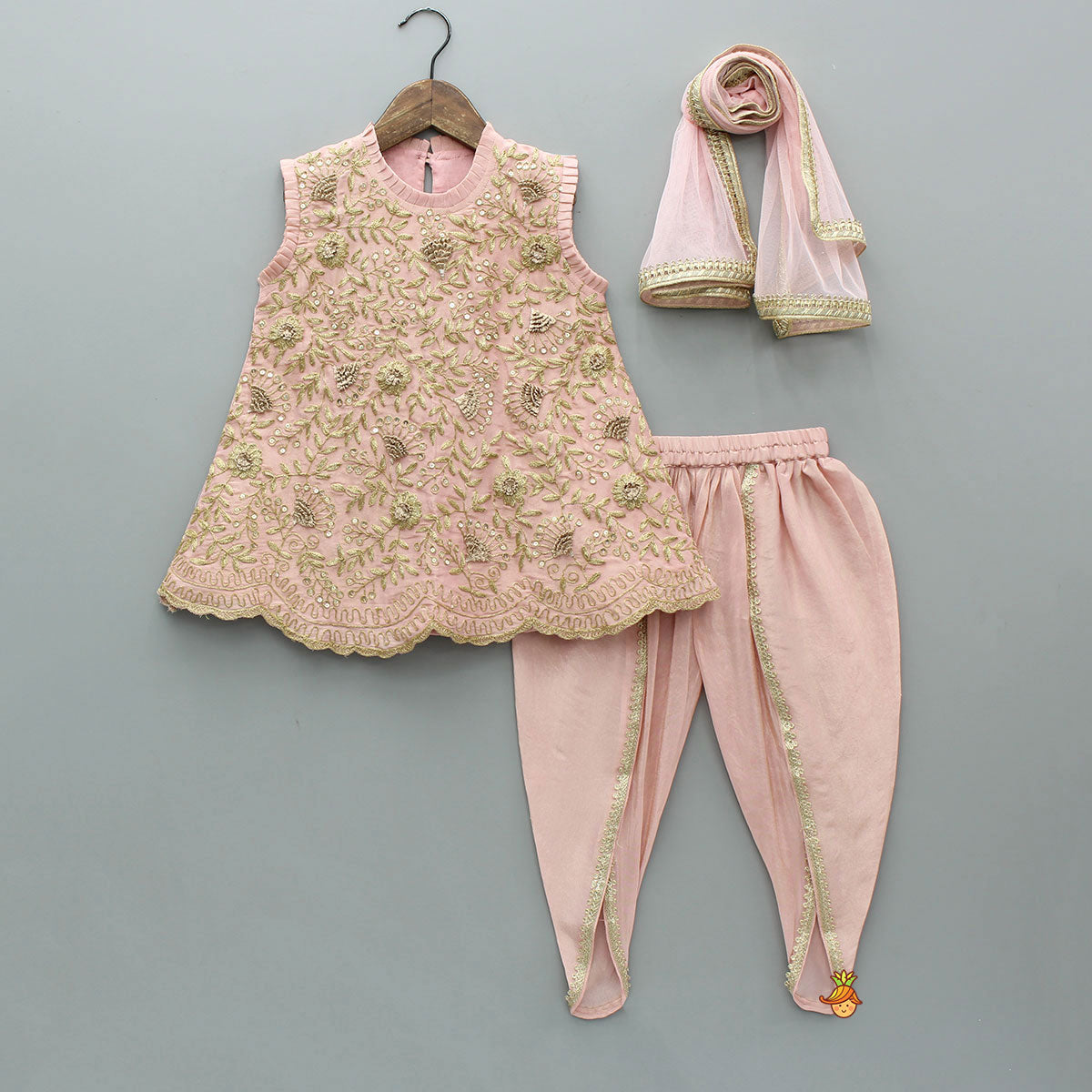 Pre Order: Stunning Shimmery Floral Embroidered Pleat Detailed Top With Shimmery Dhoti And Dupatta