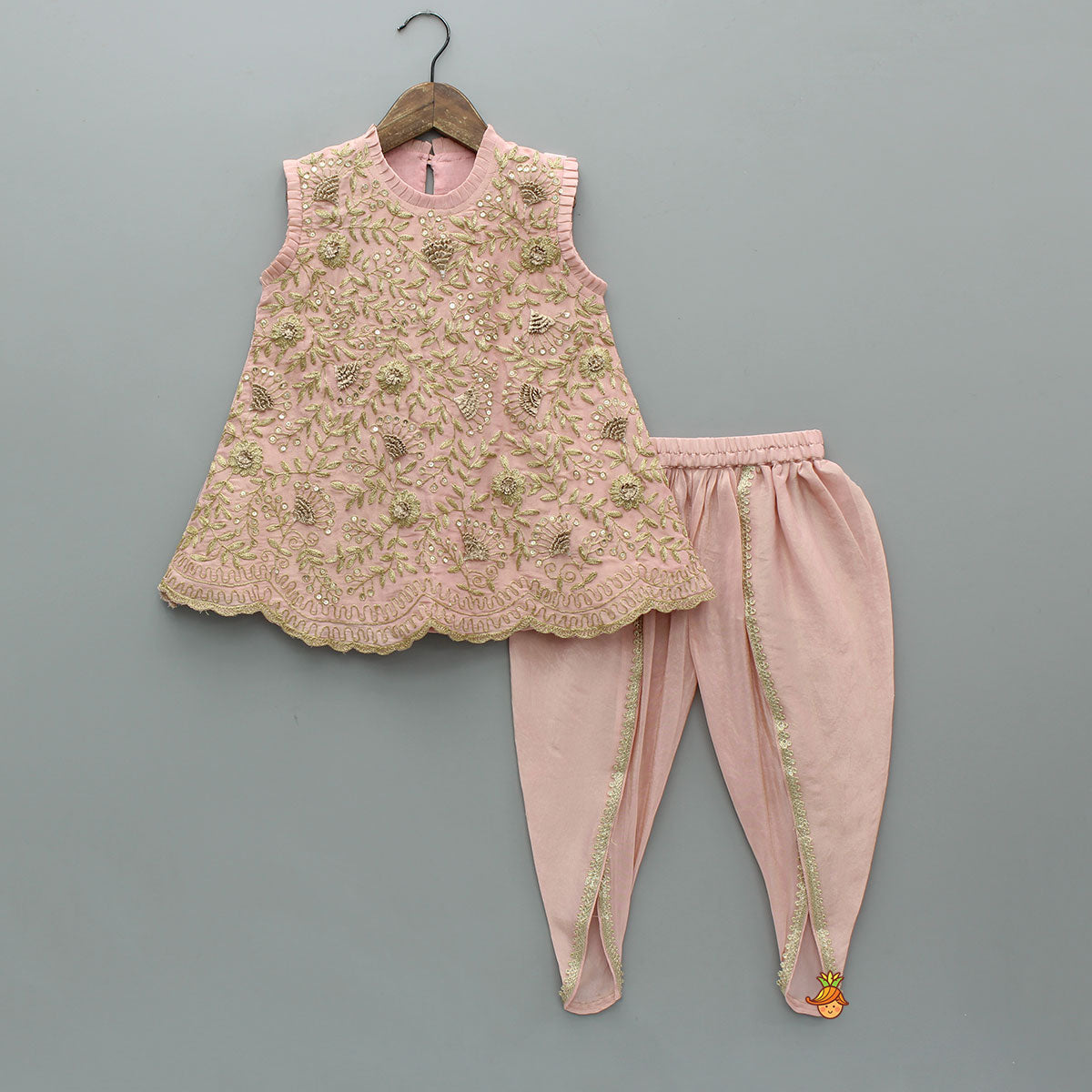 Pre Order: Stunning Shimmery Floral Embroidered Pleat Detailed Top With Shimmery Dhoti And Dupatta