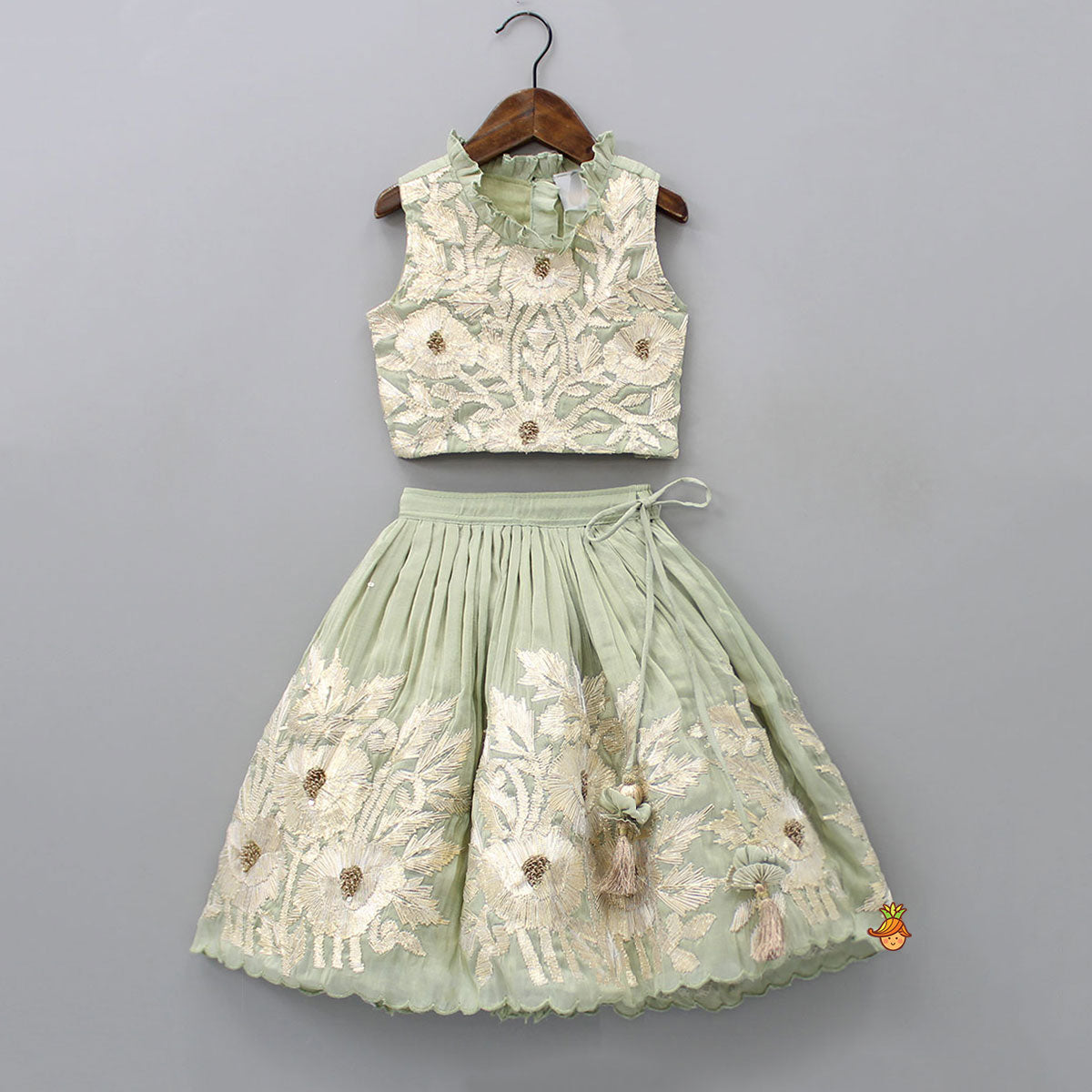 Pre Order: Gota Lace Detailed Green Top With Lehenga