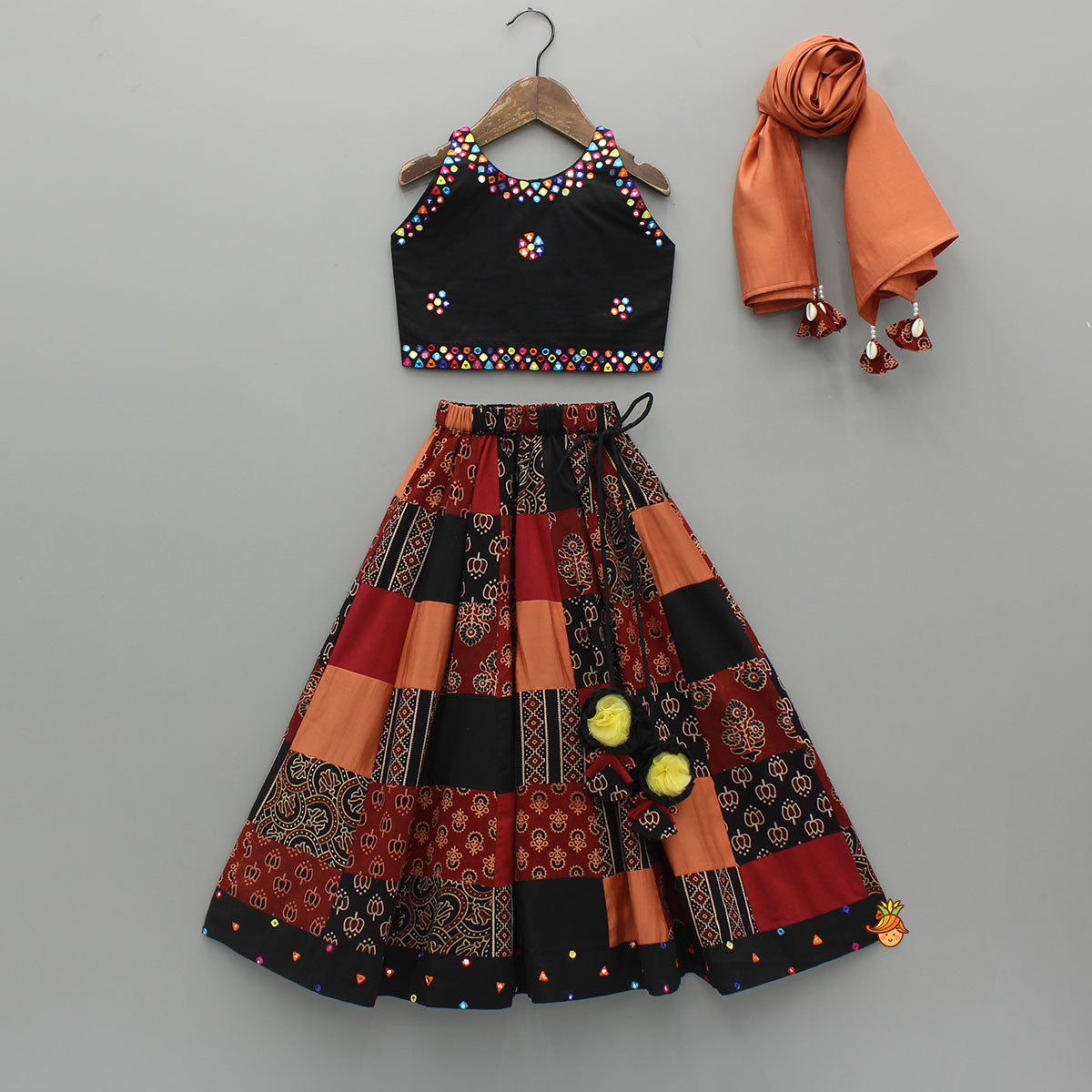 Pre Order: Mirror Embroidered Sleeveless Top With Printed Lehenga And Dupatta