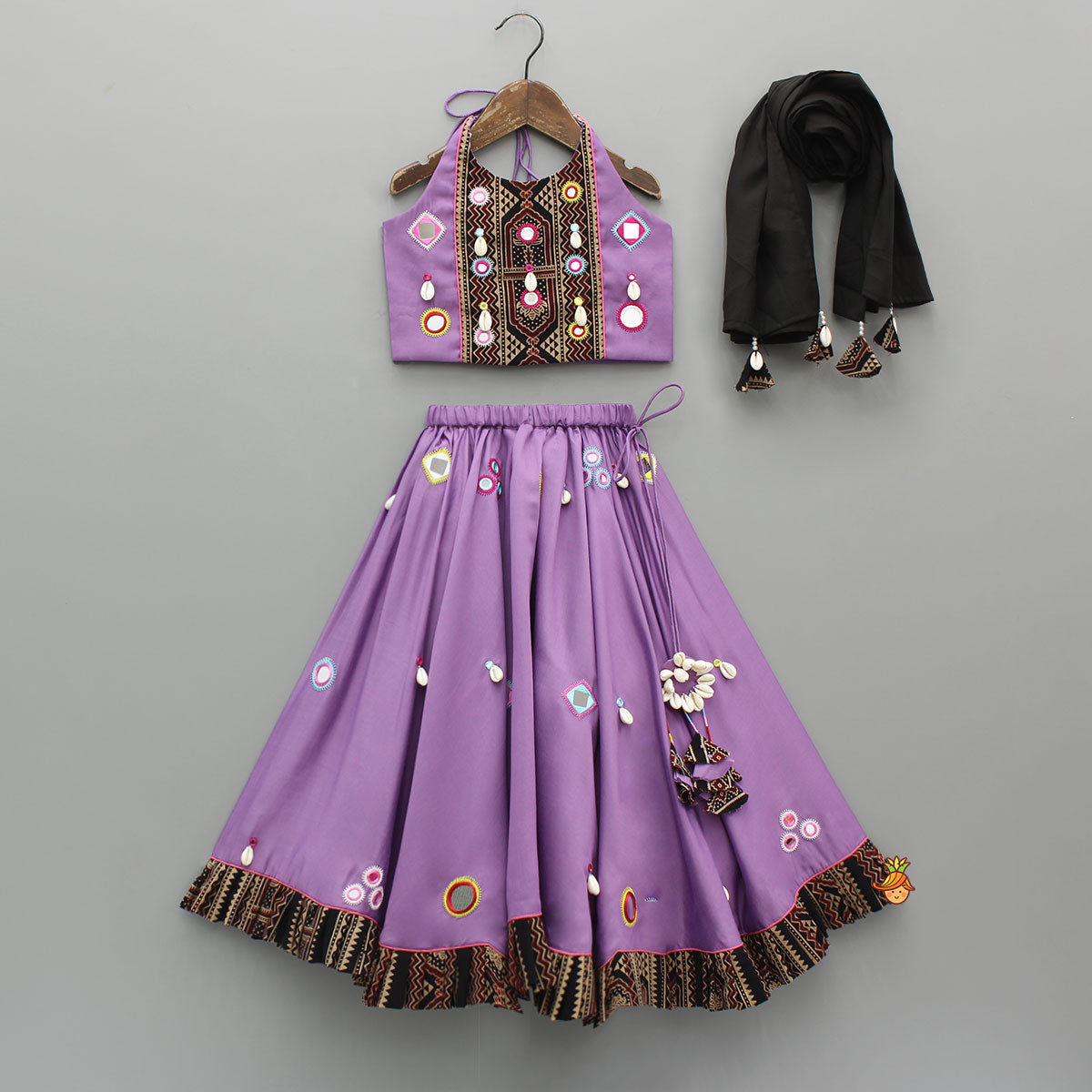 Pre Order: Mirror Embellished Halter Neck Purple Top With Matching Lehenga And Dupatta