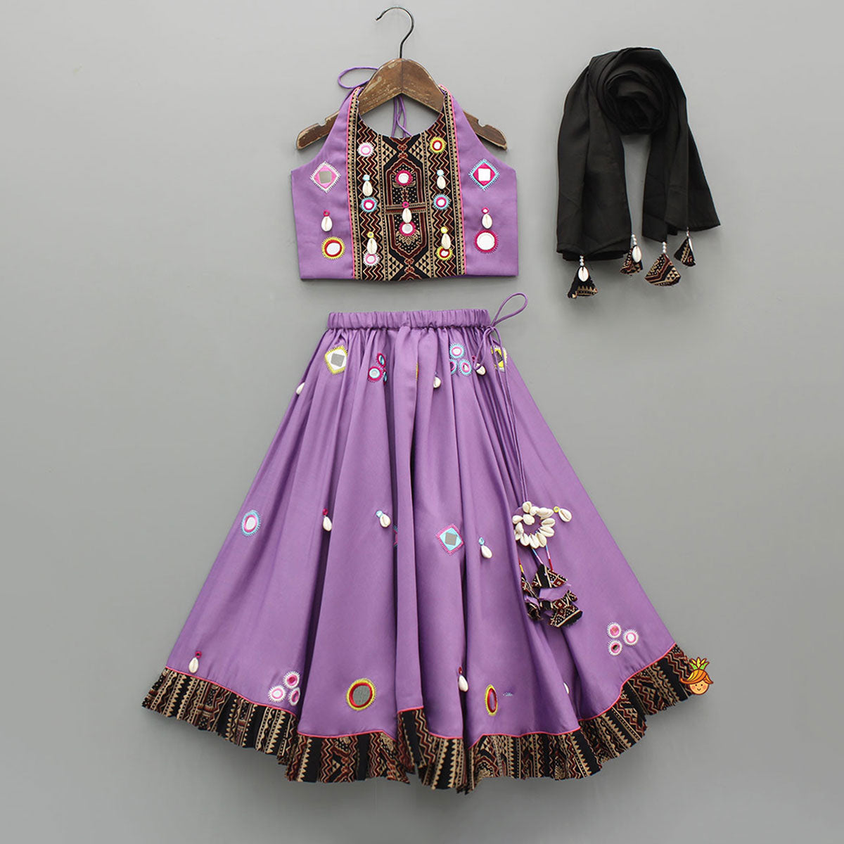 Pre Order: Mirror Embellished Halter Neck Purple Top With Matching Lehenga And Dupatta