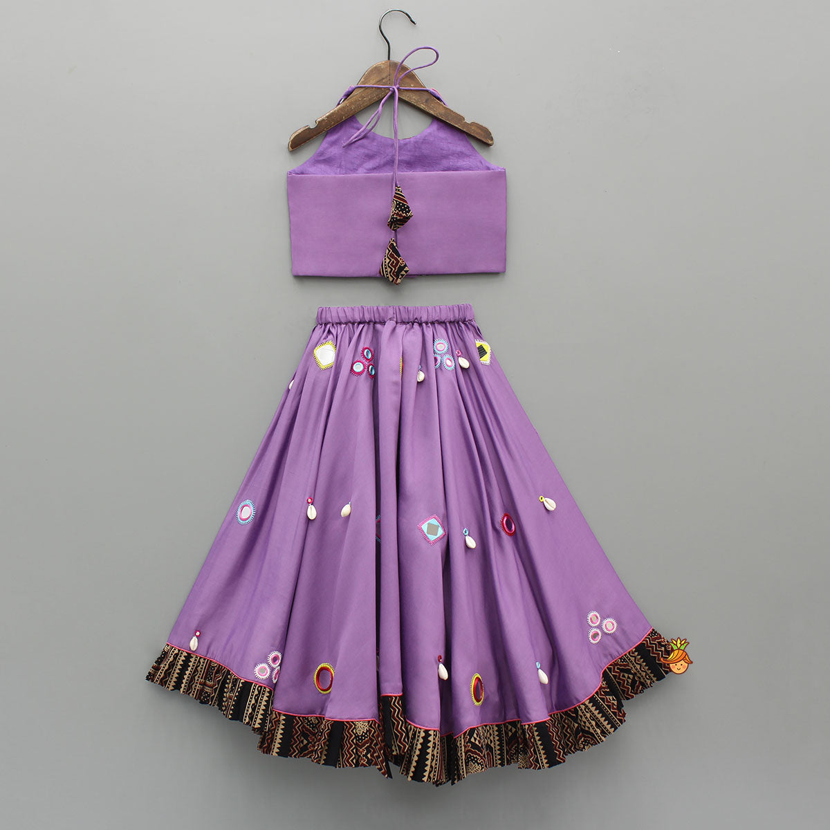 Pre Order: Mirror Embellished Halter Neck Purple Top With Matching Lehenga And Dupatta