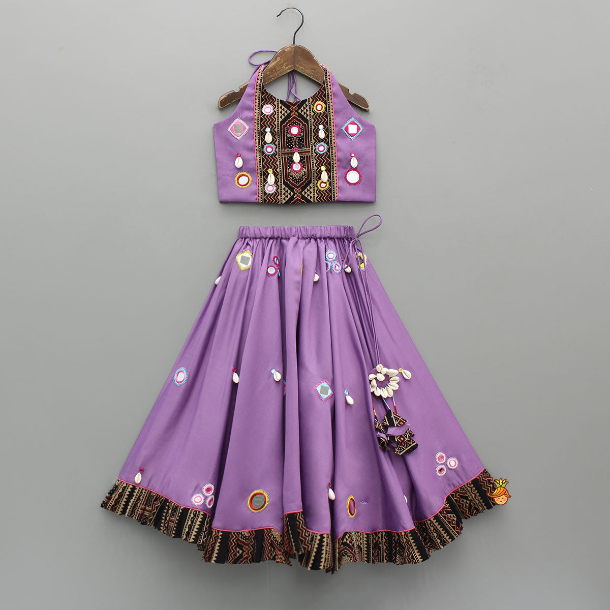 Pre Order: Mirror Embellished Halter Neck Purple Top With Matching Lehenga And Dupatta