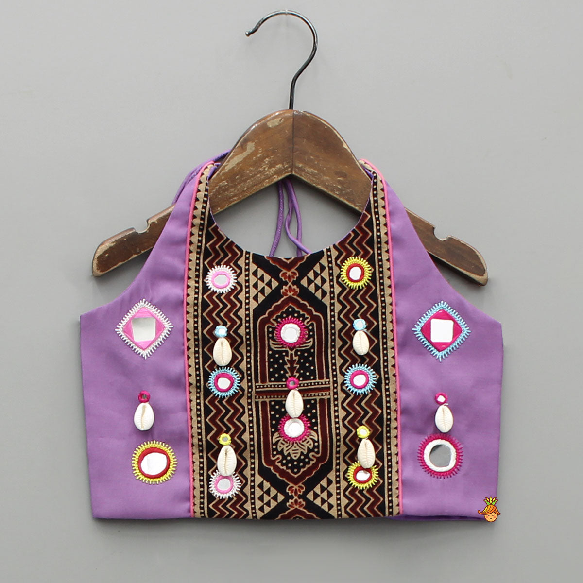 Pre Order: Mirror Embellished Halter Neck Purple Top With Matching Lehenga And Dupatta