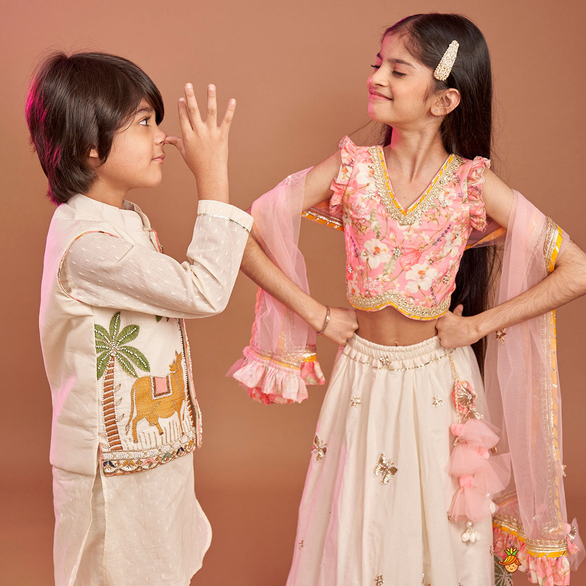 Ethnic Kurta With Beautiful Embroidered Jacket And Pyjama twinning model image 4