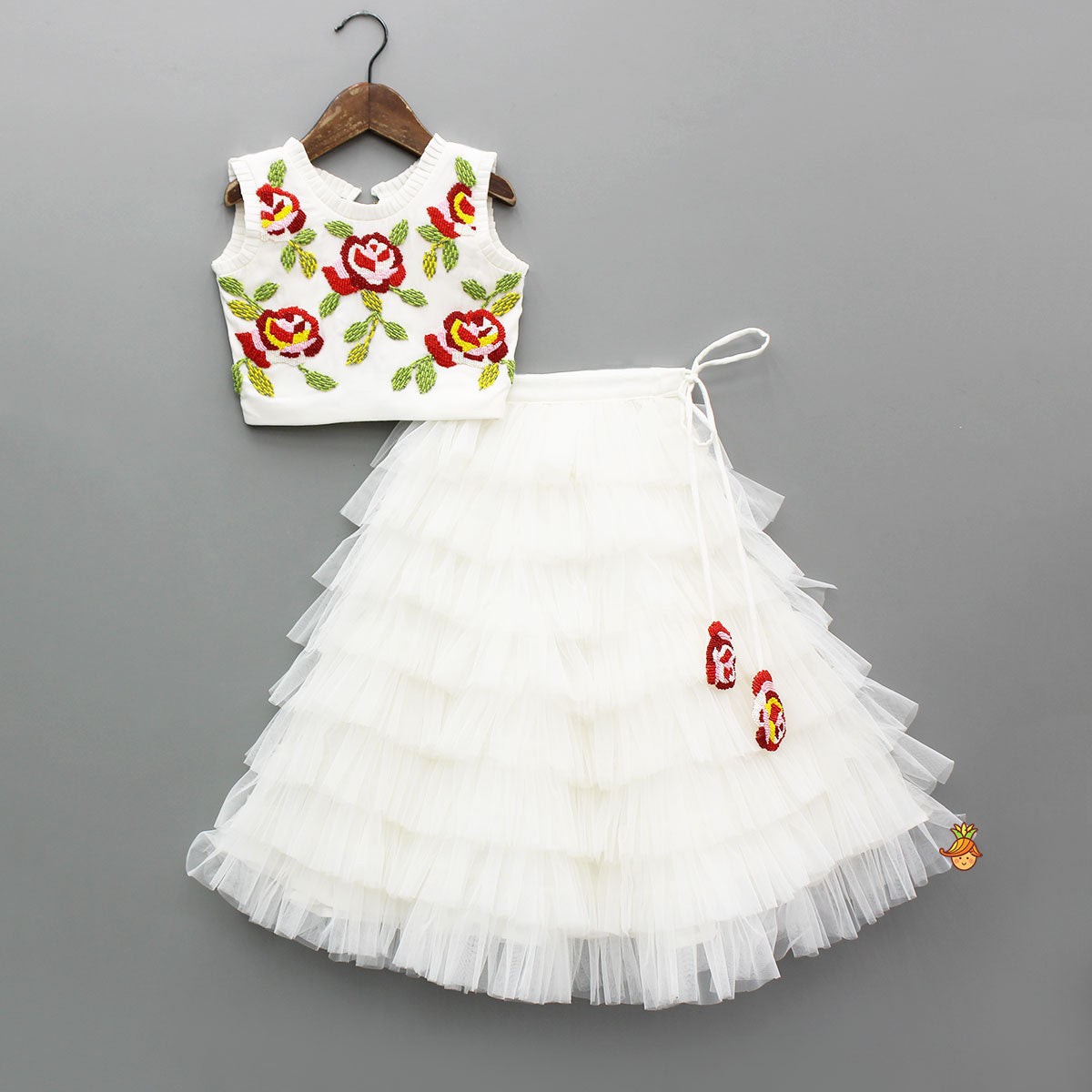 Pre Order: Floral Beaded Pleat Detailed Top With Tiered Ruffle Lehenga
