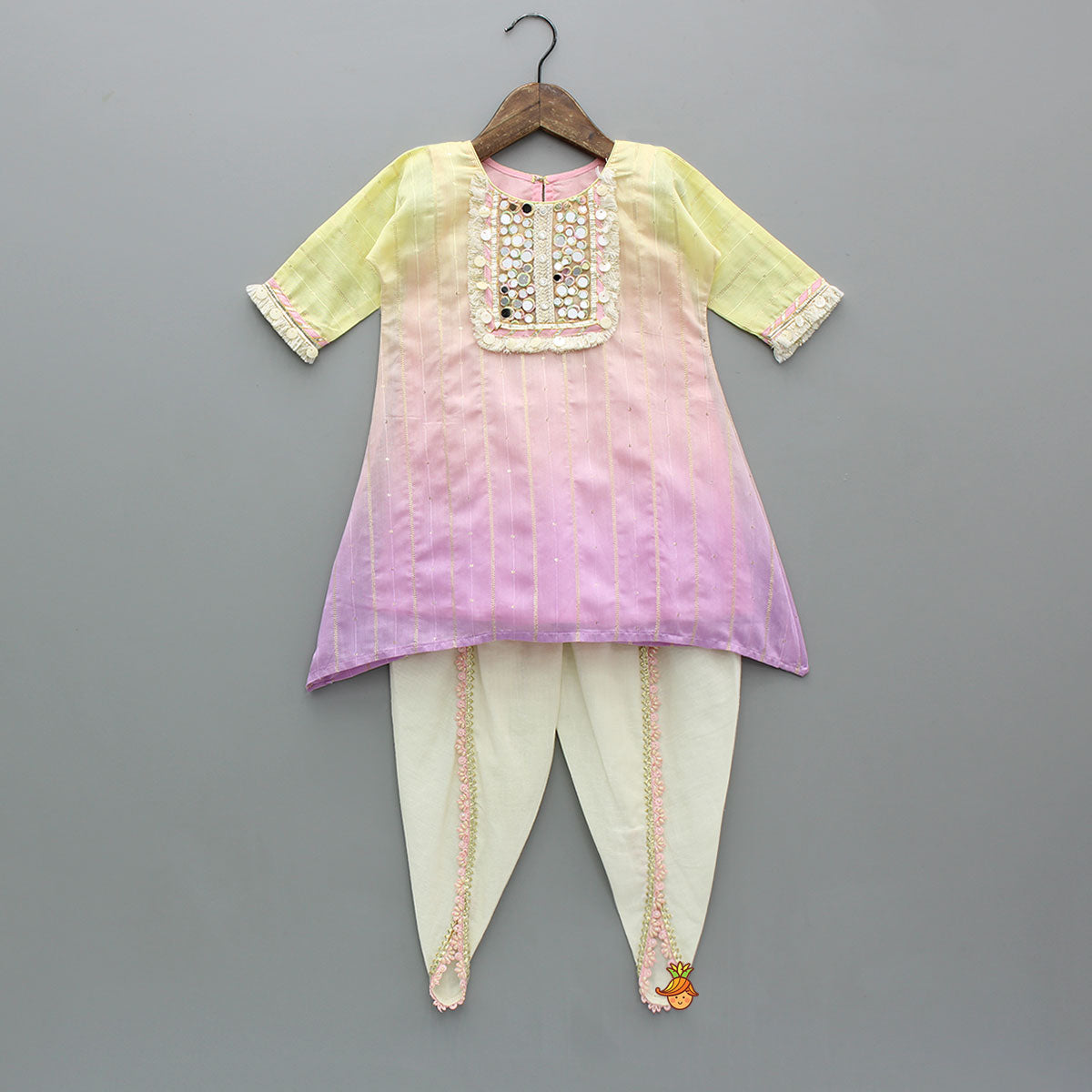 Pre Order: Mirror Embroidered Ombre Kurti With Dhoti