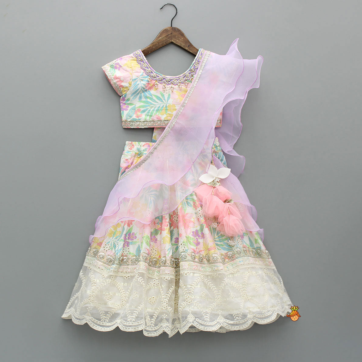 Pre Order: Gorgeous Floral Printed Embellished Top With Matching Lehenga And Attached Dupatta