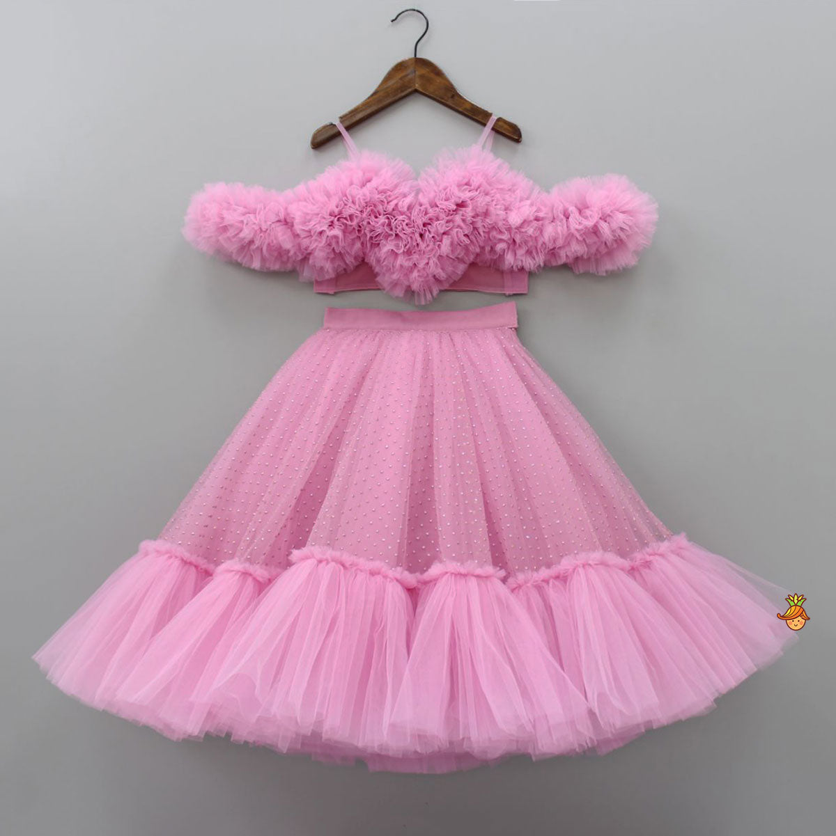 Pre Order: Gorgeous Pink Ruffle Net Heart Top With Ruffled Lehenga