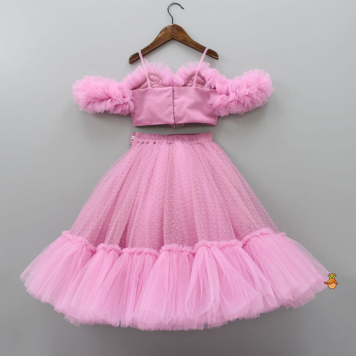 Pre Order: Gorgeous Pink Ruffle Net Heart Top With Ruffled Lehenga
