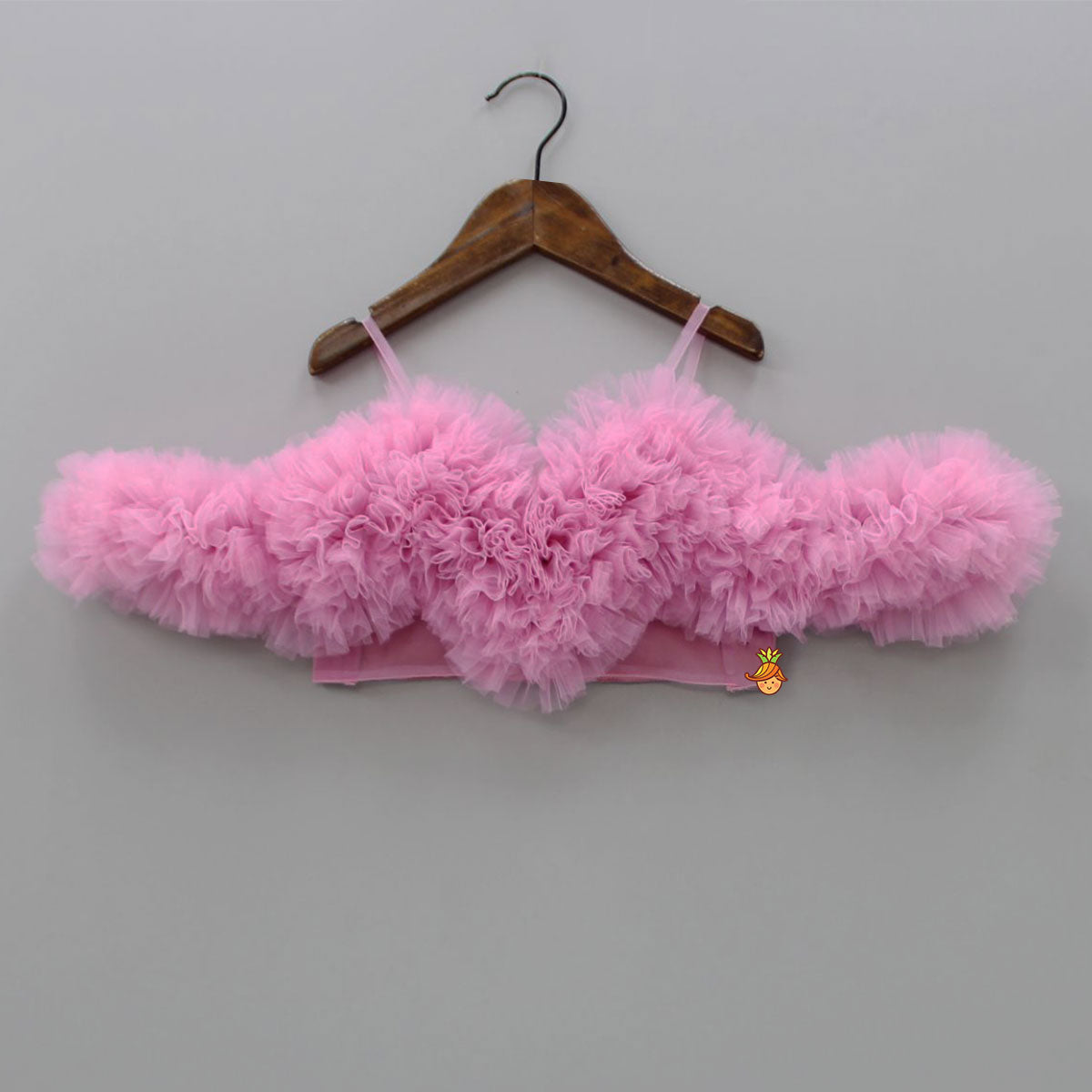 Pre Order: Gorgeous Pink Ruffle Net Heart Top With Ruffled Lehenga