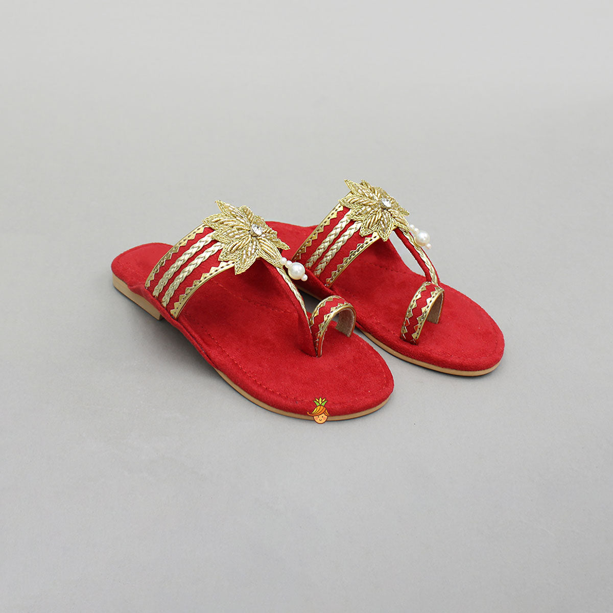 Red Floral Braided Kolhapuri Flats