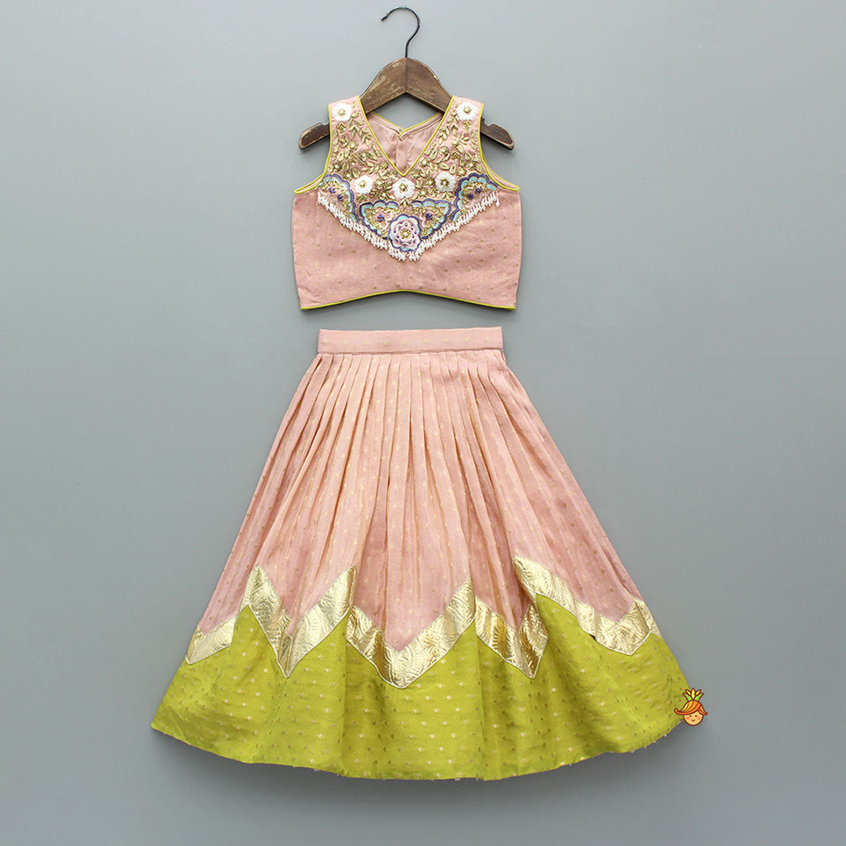 Pre Order: Shimmery Intricate Floral Embroidered Top With Flared Shimmery Lehenga