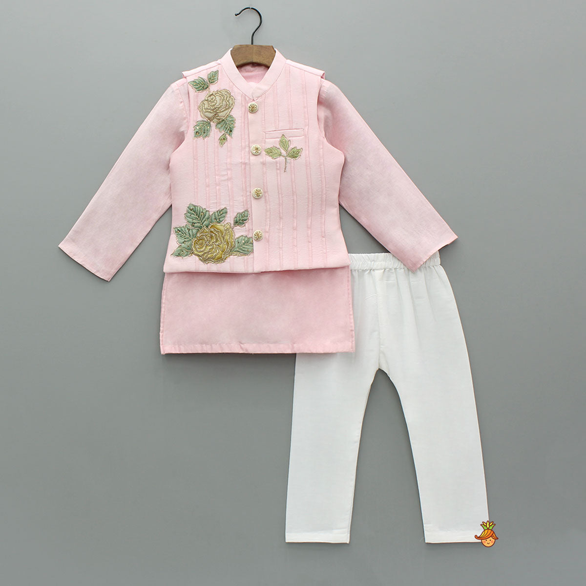 Pre Order: Pink Kurta With Floral Embroidered Jacket And Pyjama