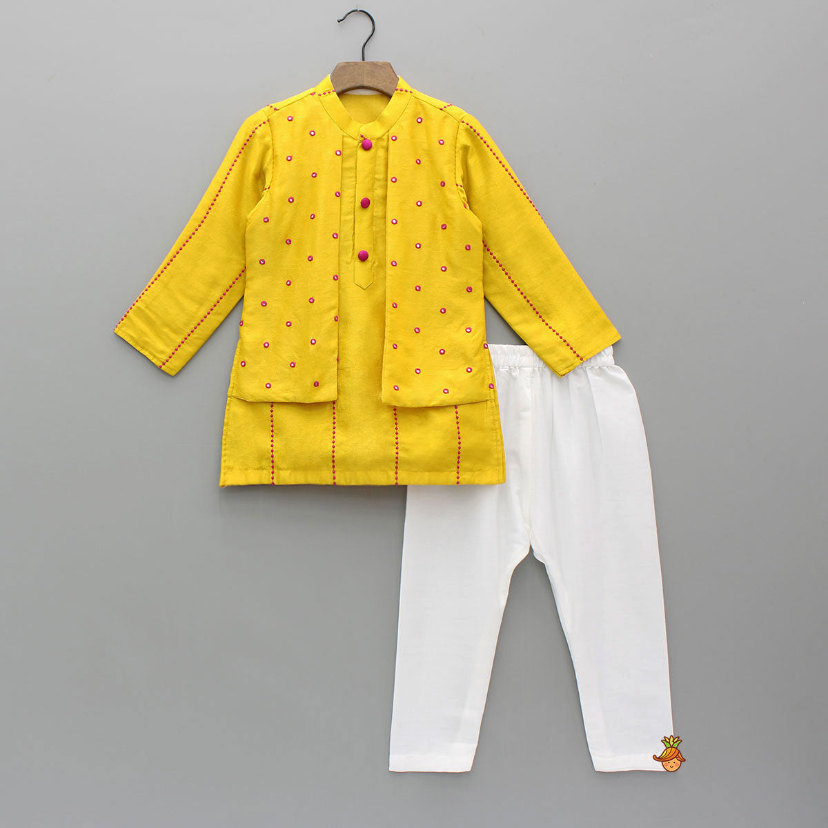 Pre Order: Faux Jacket Style Faux Mirror Embroidered Kurta And Pyjama