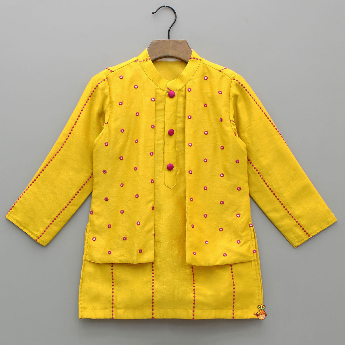 Pre Order: Faux Jacket Style Faux Mirror Embroidered Kurta And Pyjama