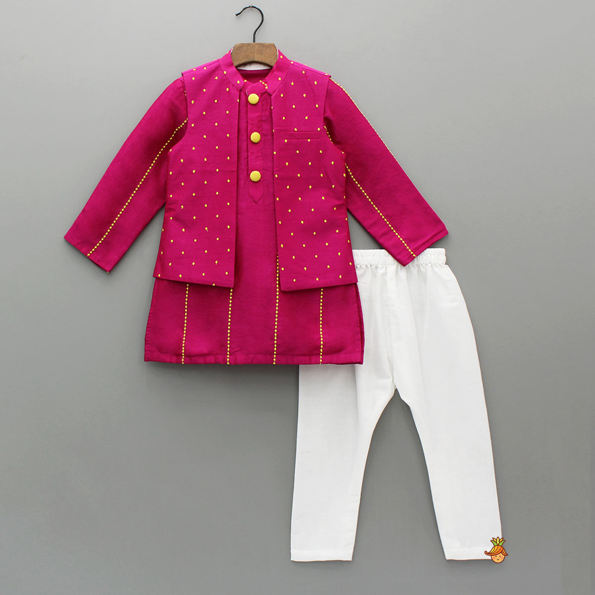 Pre Order: Pink Kurta With Polka Dots Embroidered Jacket And Pyjama
