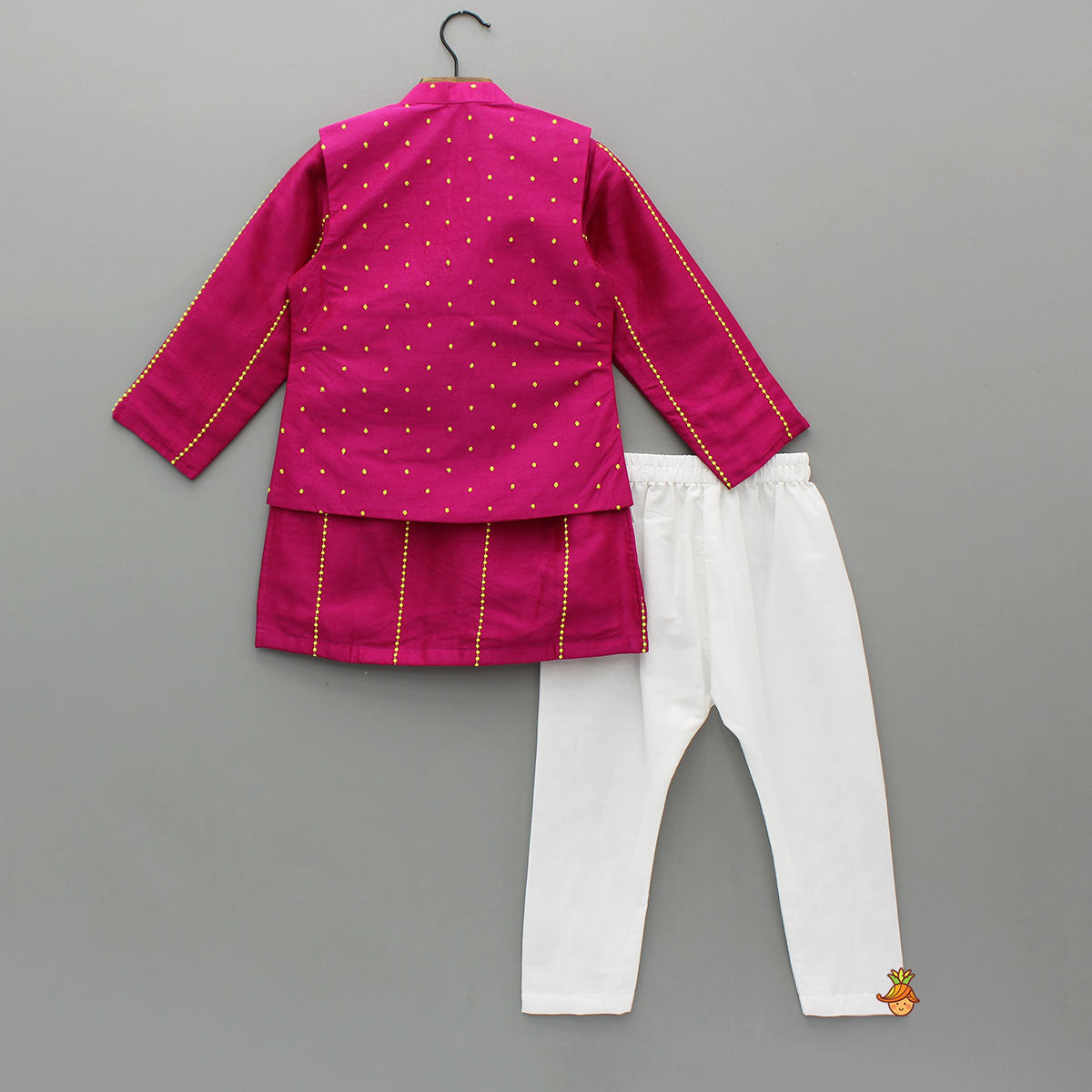 Pre Order: Pink Kurta With Polka Dots Embroidered Jacket And Pyjama