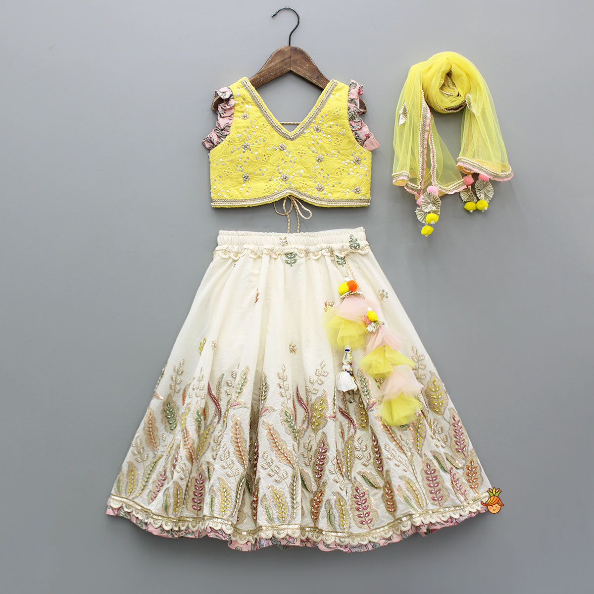 Pre Order: Gorgeous Embroidered Yellow Top With Embroidered Lehenga And Dupatta